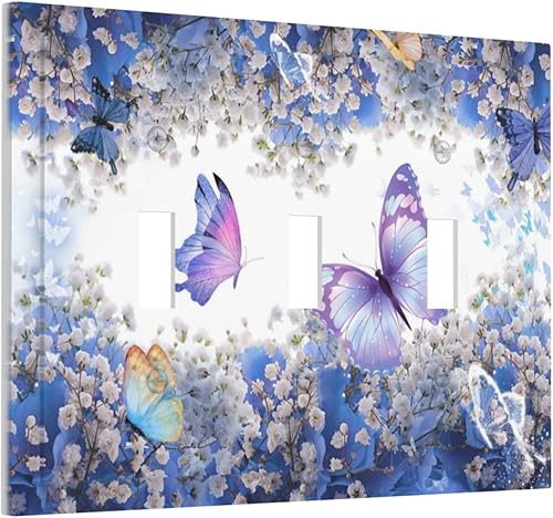 Miniatura 2 de Cubierta de interruptor de luz de 3 cuadrillas con diseño de flores azules púrpuras, cubierta de placa de pared de triple palanca, arbustos florales