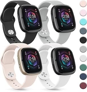 4 Pack Silicone Bands Compatible with Fitbit Versa 4 Bands & Fitbit Sense 2 Bands for Women Men, Soft Straps Replacement Wristbands for Fitbit Versa 3 & Versa 4 / Sense & Sense 2 Smart Watch（Black/Pink Sand/Gray/White）