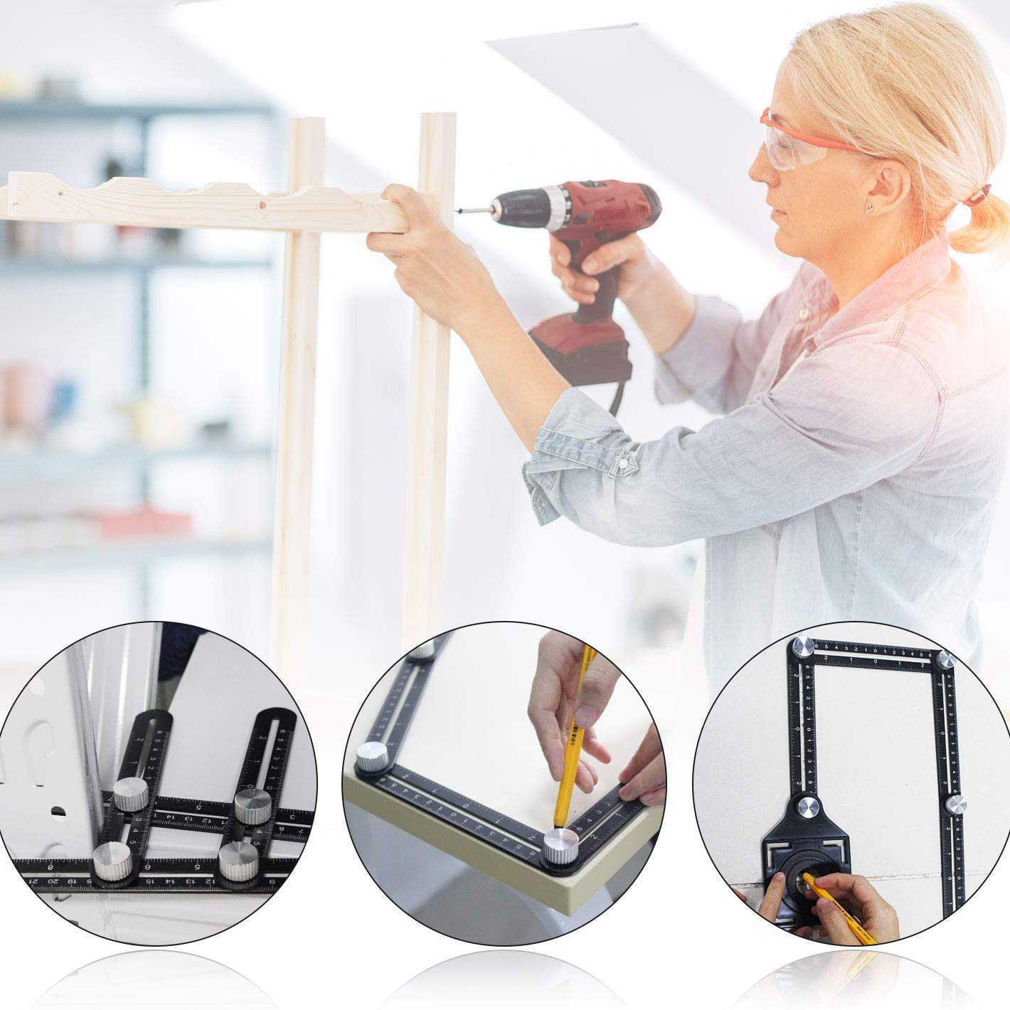 Righello Pieghevole,Foratura Localizzatore Righello di Misurazione Multi-angolo Modello di Angolazione Strumento per Falegnami, Hobbisti, Costruttori
