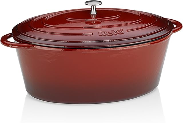 Kela 11943 zapiekanka z pokrywką, żeliwna, powłoka emaliowana, wysoka retencja ciepła, odpowiednia indukcyjna, 9,5 l, czerwona, owalna, kalido