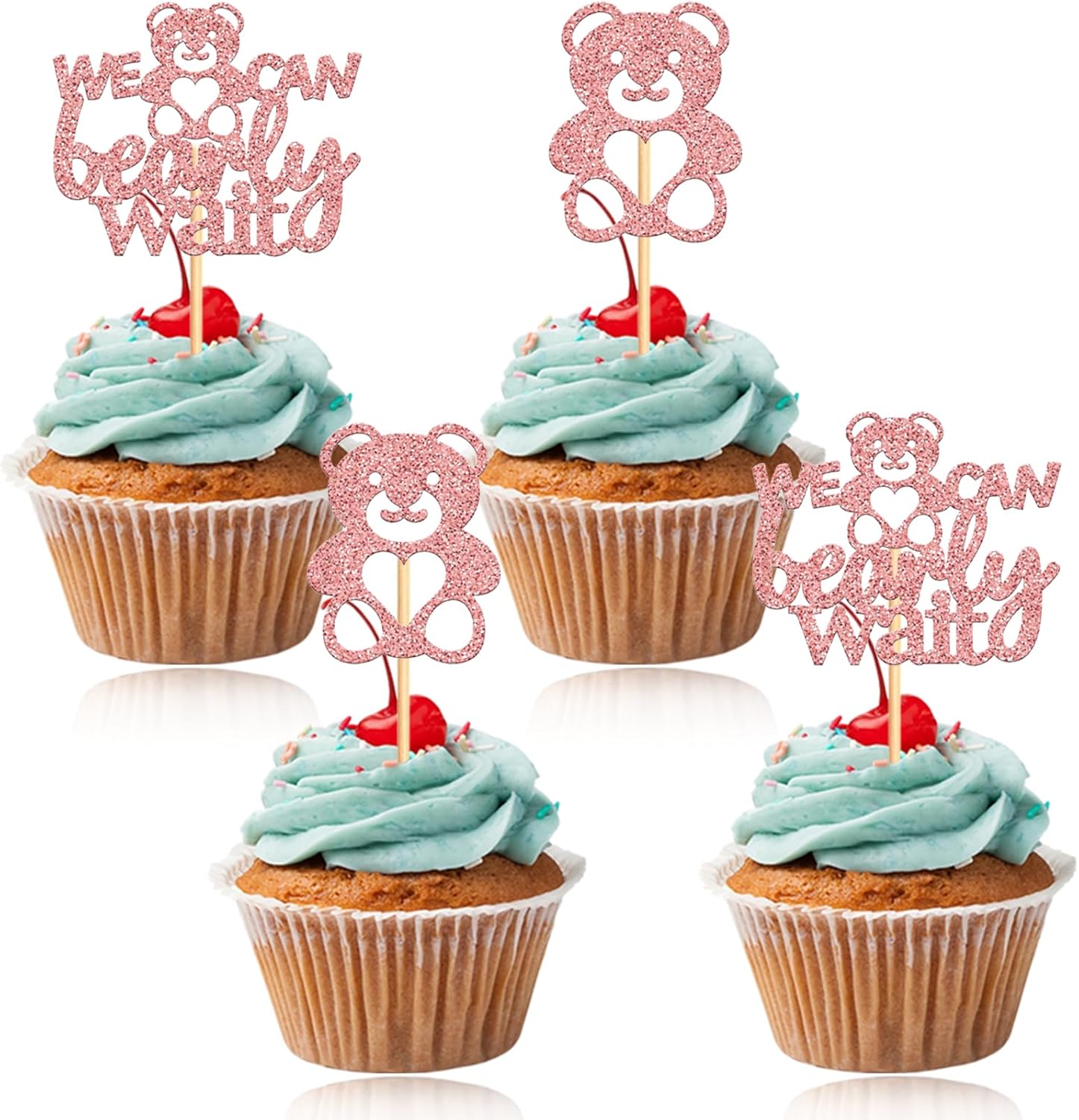 24PCS Baby Shower Cupcake Toppers, Baby Shower Decorations, Pink Bear