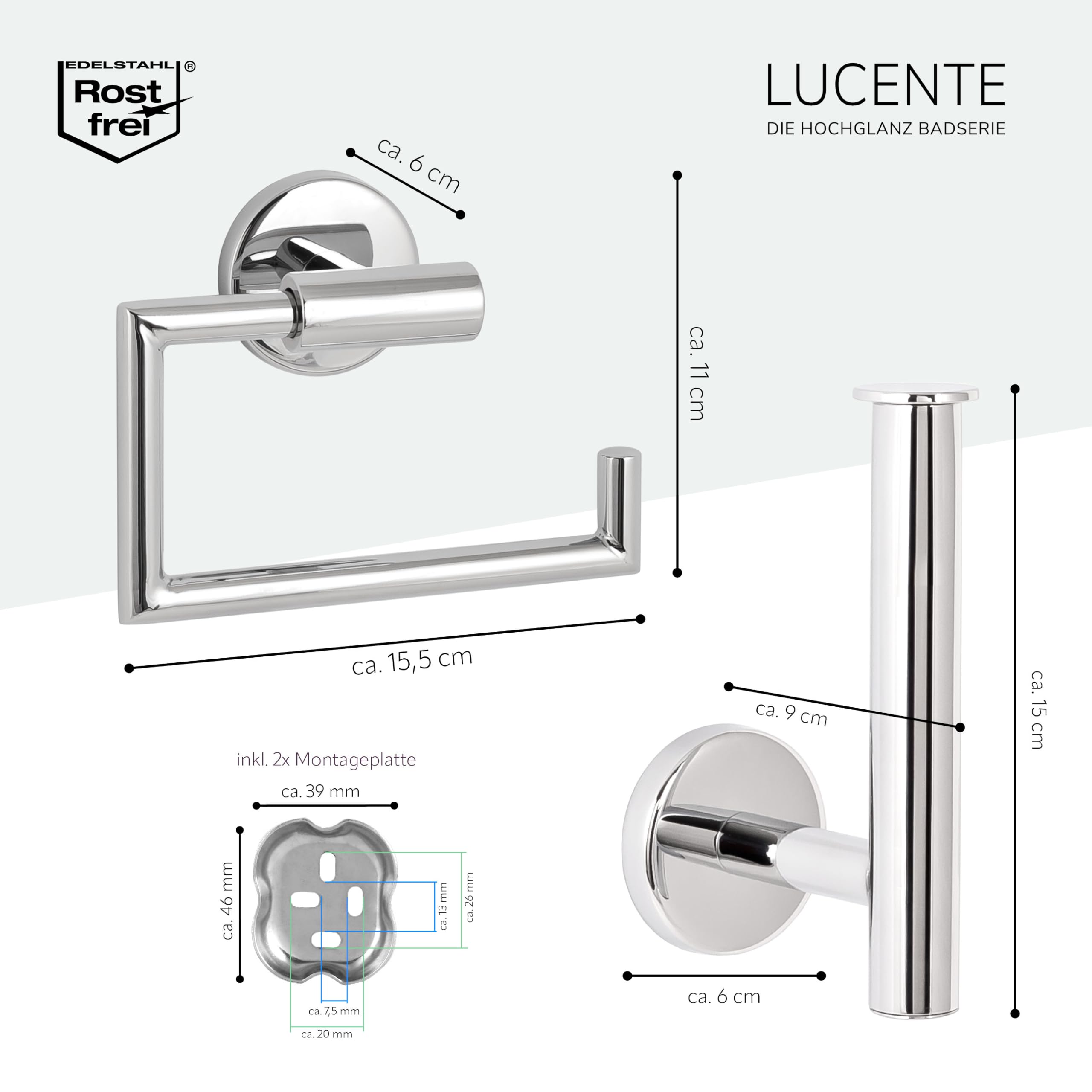 bremermann Bad-Serie Lucente - Badezimmer Zubehör-Set 2tlg. bestehend aus 1x Toilettenpapierhalter und 1x Ersatzrollenhalter zum Kleben oder Bohren, WC-Rollenhalter, aus Edelstahl verchromt