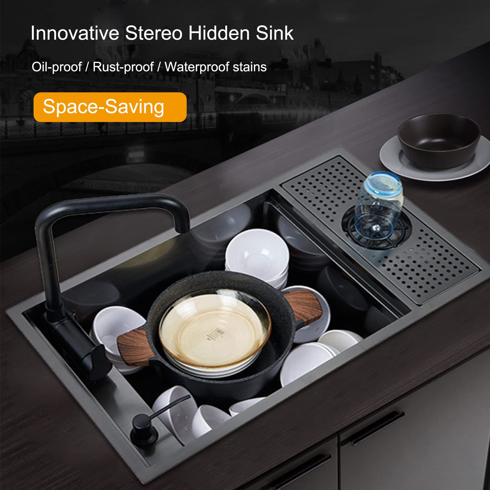 Fregadero De Cocina Negro Incorporado Fregadero de 304 Acero Inoxidable1 Seno Fregadero De Bar Fregadero de Cocina Comercial de vajilla con Grifo Oculto Dosificador de Jabón Lavavasos a Presión ( Size
