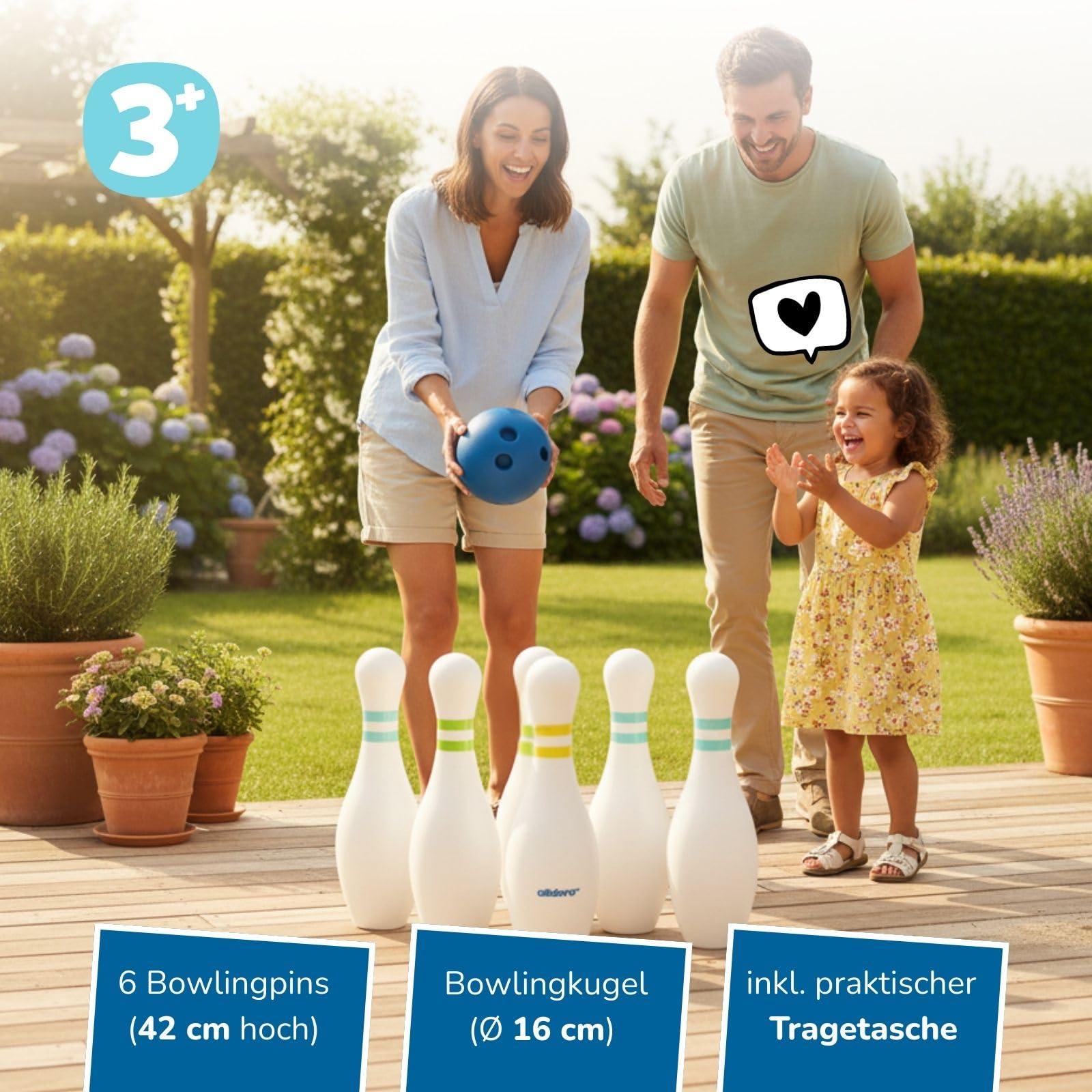 alldoro 60131 XXL Bowling Set - 6 Bolos Blancos rellenables, 42 cm de Altura y 1 Bola de Bolos - Juego de Bolos con Bolsa, niños a Partir de 3 años