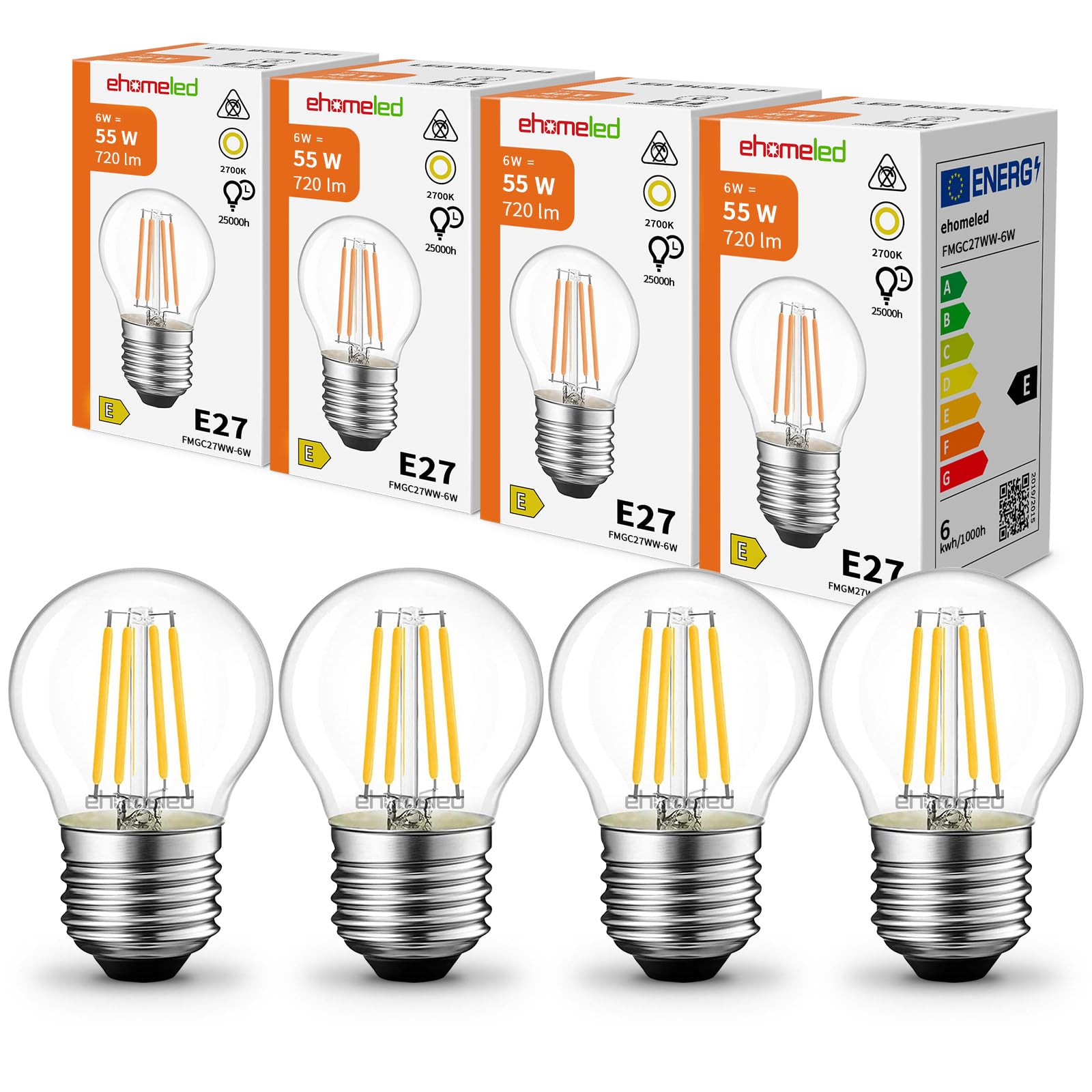 ehomeled E27 LED G45 Filament Golf Ball Bulb, 6W LED 55W Equivalent SES E27 Mini Globe Clear Glass Bulb, Warm White 2700K 720LM, 220-240V Energy Saving Light Bulbs, Non-Dimmable, 4 Pack