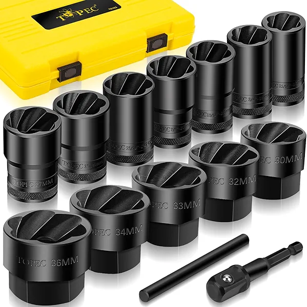Topec Large Lug Nut Remover Socket Set 17-36mm, 1/2" Drive Wheel Lock Removal Tool, Heavy Duty Bolt Extractor Kit for Stripped, Damaged, Rounded Spindle Axle Nut, 14-Piece