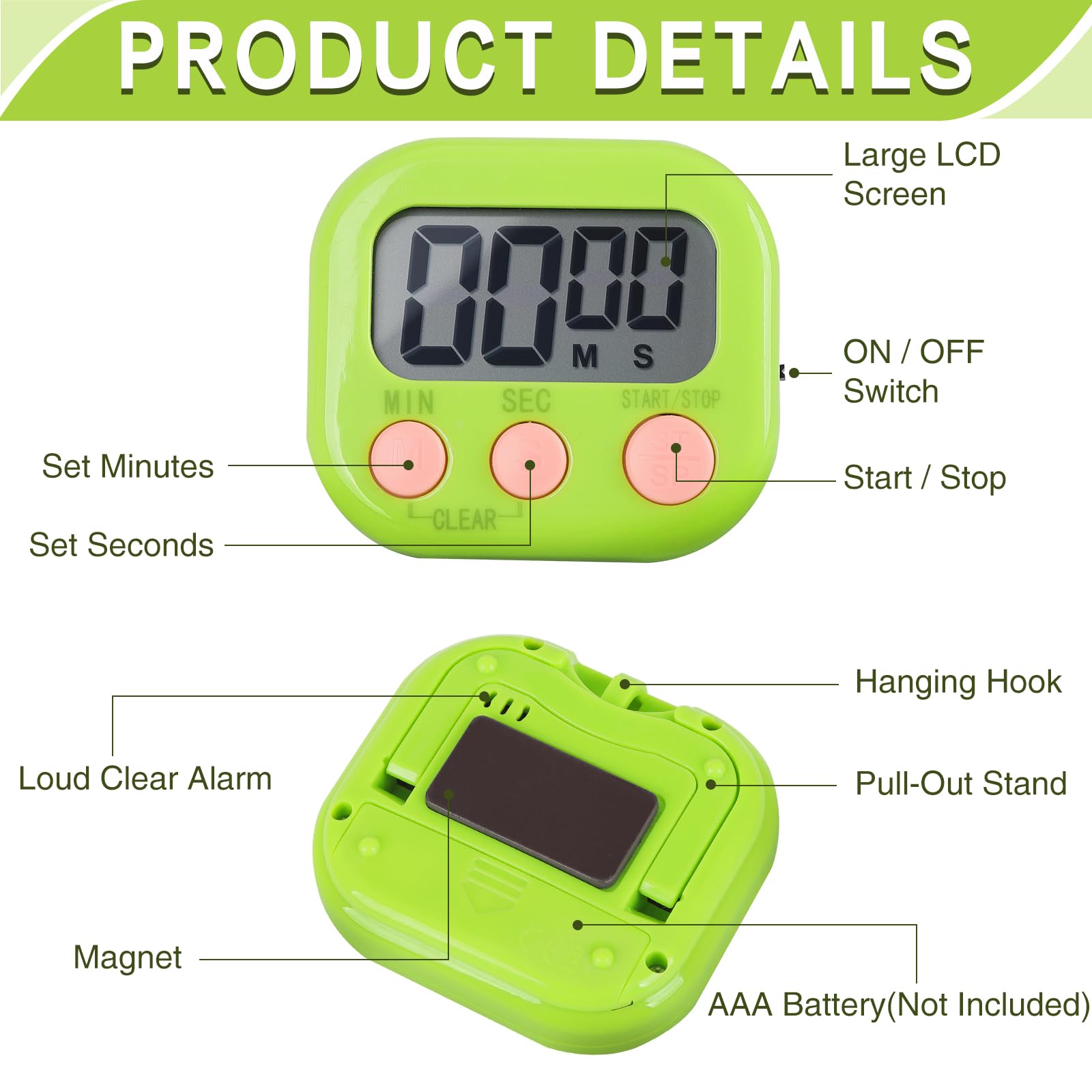 Cyfrowy minutnik kuchenny, luzem, magnetyczne timery do klasy, wyświetlacz LCD, głośny alarm, elektroniczny minutnik sekundy dla nauczyciela, ćwiczeń, gotowania, pieczenia (6 kolorów)