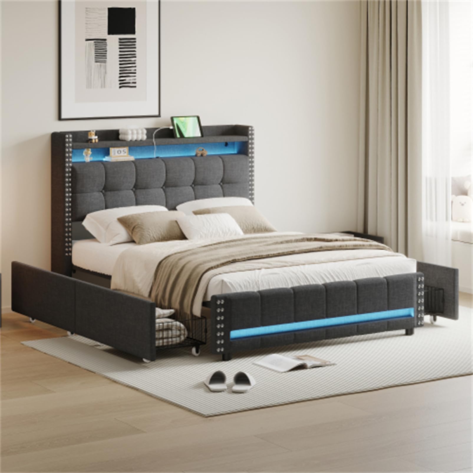 Letto imbottito con illuminazione a LED e presa USB letto matrimoniale testiera con ripiani e contenitore letto tessuto di lino per adulti familiare letti per ospiti grigio con cassetto 140x200
