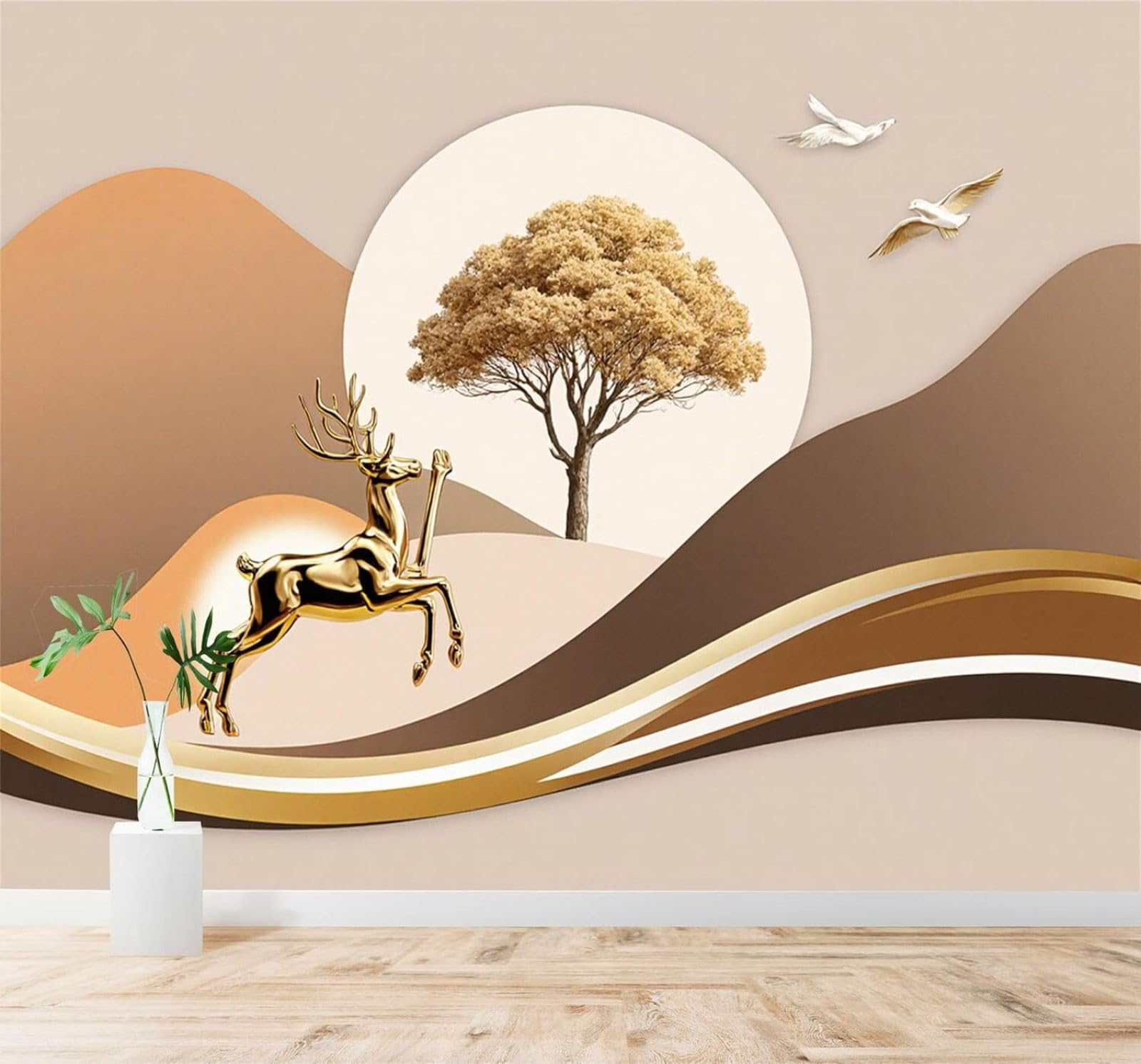 3D Papel Pintado Ciervo Dorado Árboles Pájaros En Vuelo Abstracto Montañas