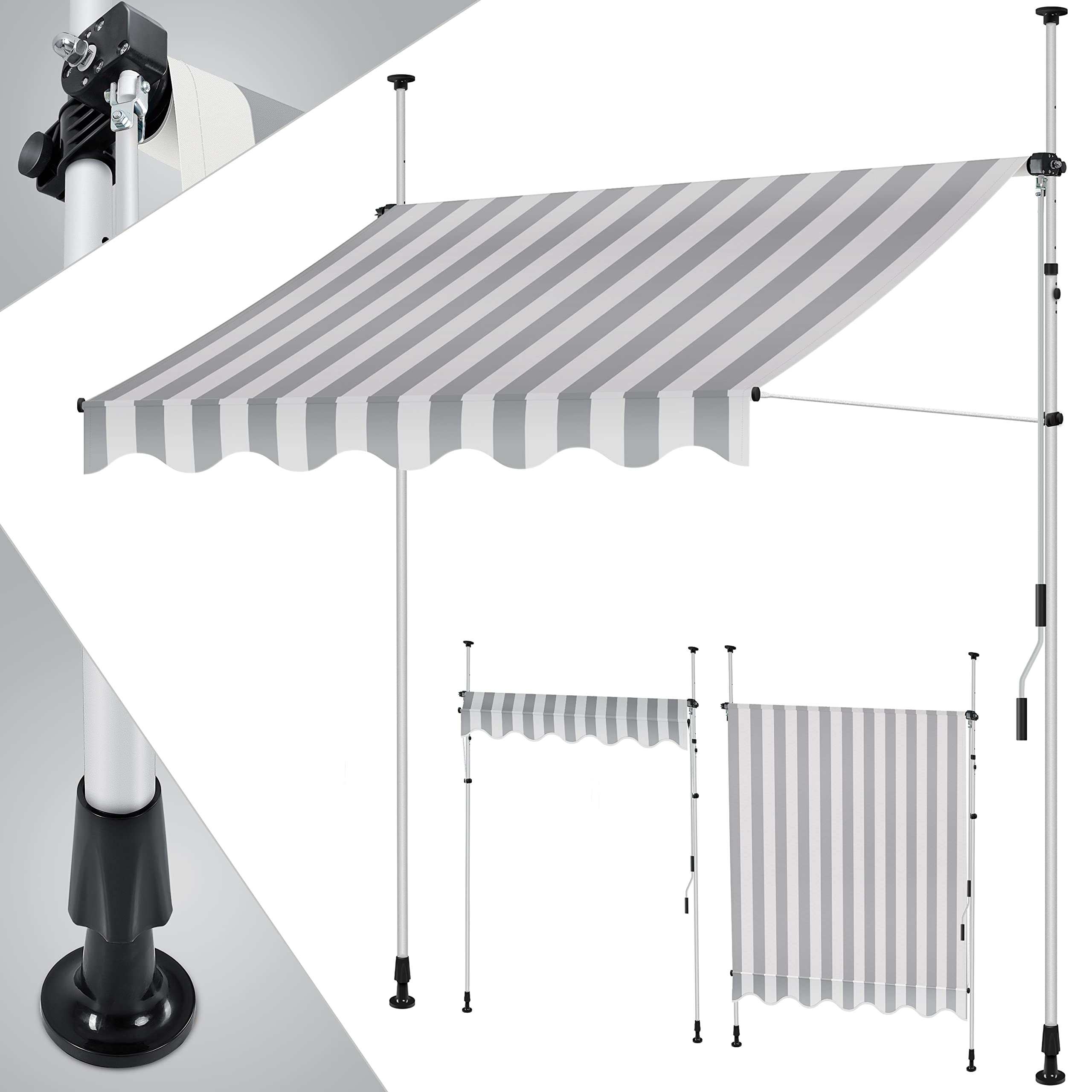 KESSER® Toldo para balcón con manivela, toldo para Balcones, Resistente a los Rayos UV, Regulable en Altura, Repelente al Agua, protección Solar, Cubierta para Patios, Blanco-Gris 250cm