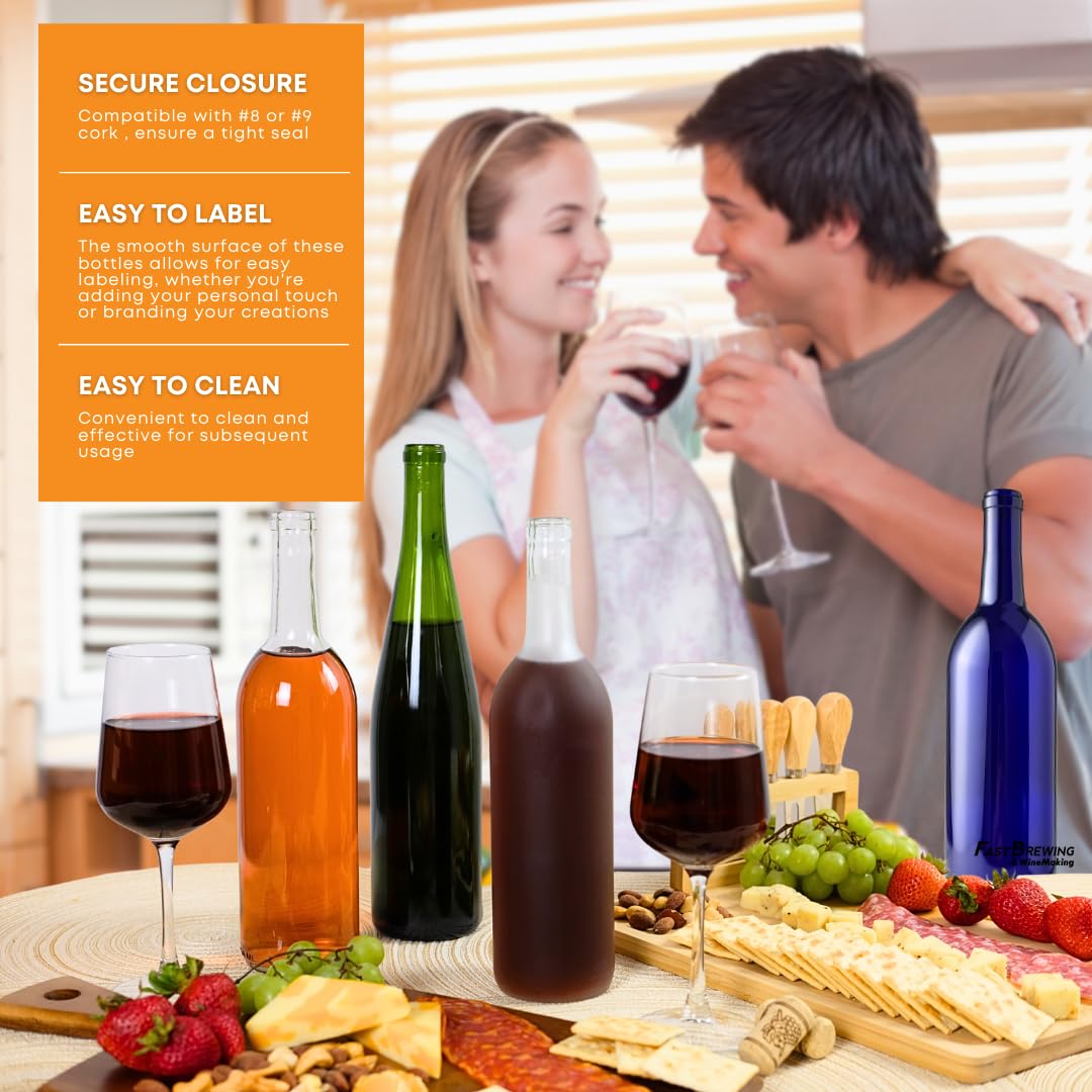 FastRack - 750 ml Clear Glass Bottles Wine Bottles (Pack of 12) | NO CORKS INCLUDED | Clear Bordeaux Flint Flat-Bottomed Cork Top Bottle for Wine Making | Case of 12