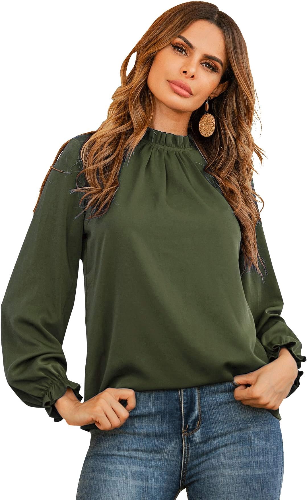 Women's Frill Mock Neck Flounce Long Sleeve Solid Blouse Office Shirt Top