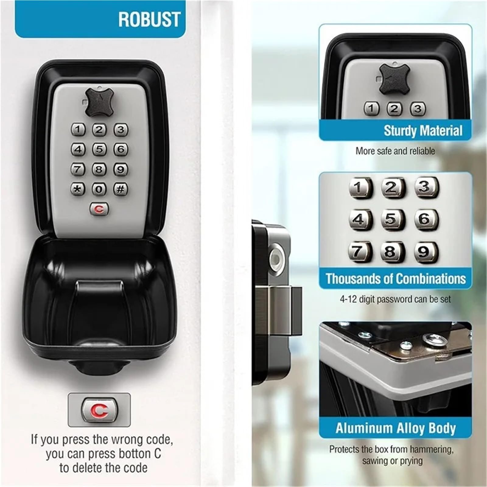 Boîte à clés étanche à suspendre - Aucune installation nécessaire - Coffre-fort sécurisé avec protection antivol et code à 12 chiffres pour un usage domestique (noir)