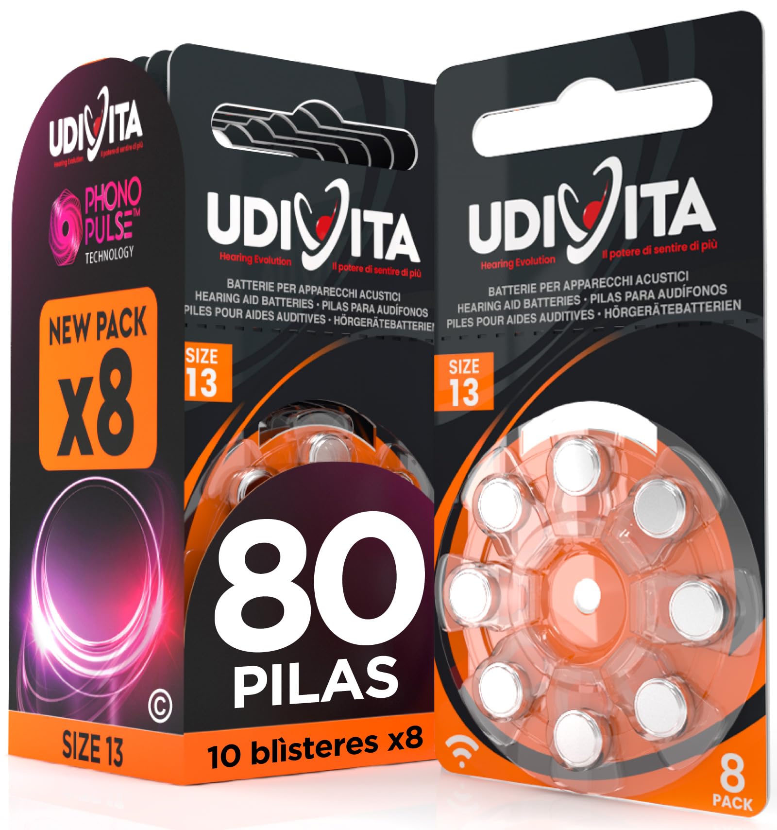 80 Pilas para Audífonos Tamaño 13 Udivita PR48 (Naranja) Zinc-Aire Hearing Evolution Tecnología Phono Pulse - 10 Blísteres de 8 Pilas