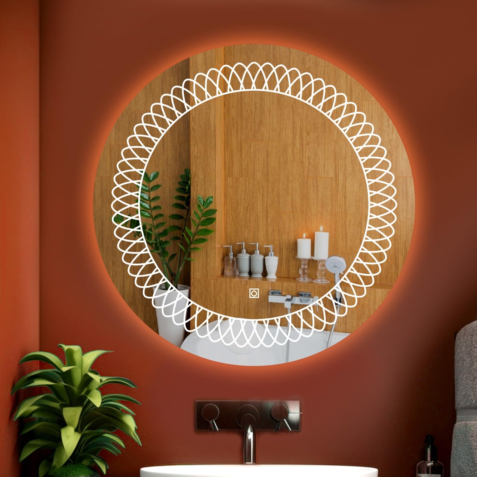 24X24 inch Round Wall Mounter Mirror with Led Light for Wash Basin with Smart 3 Light Tone (Cool,Natural and Warm White)