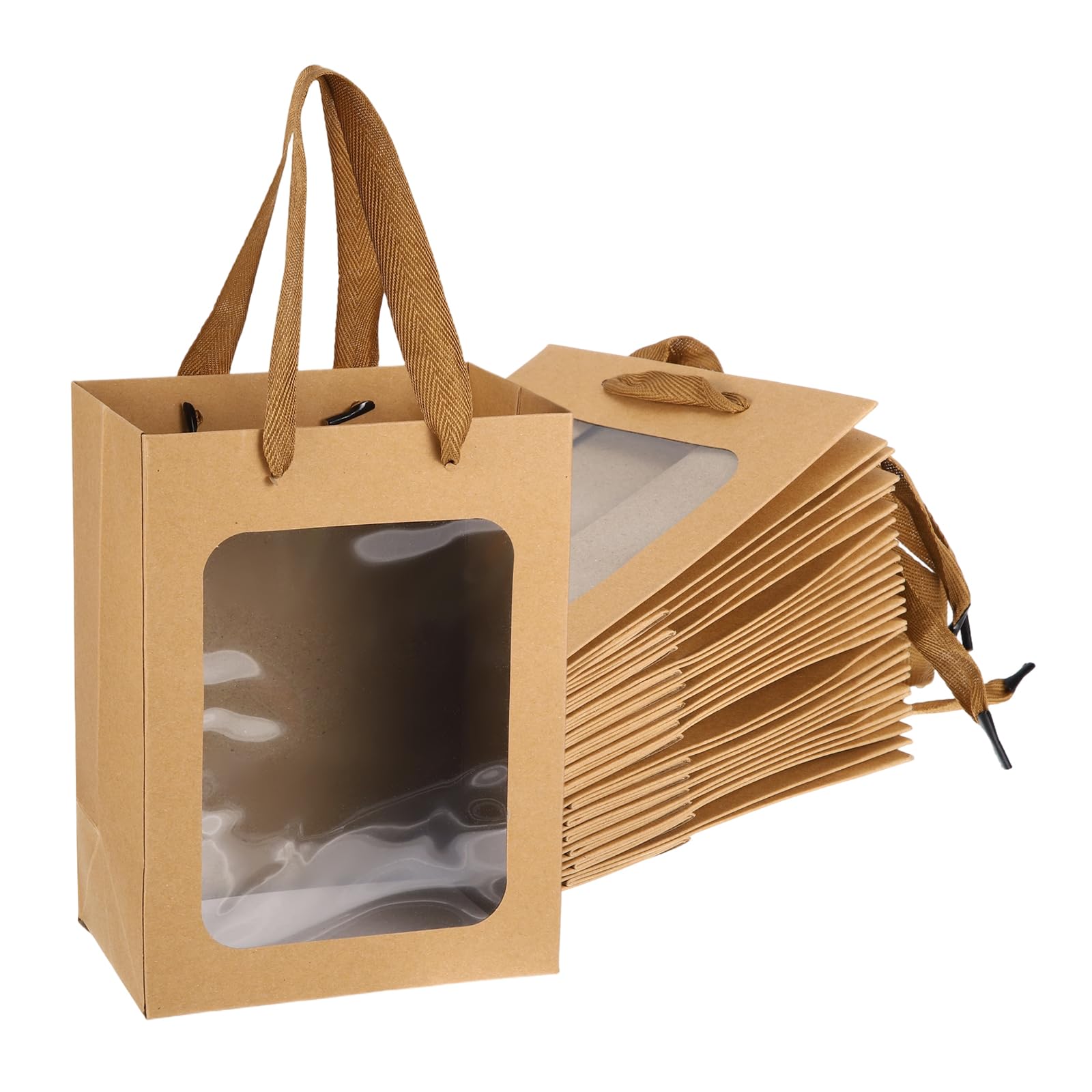 PATIKIL Gift Bags with Clear Window, (15 x 10 x 20cm, Brown)(15 Pcs), Mini Gift Wrap Bags with Handles, Suit for Wedding/Birthday/Bridesmaid/Party/Shopping