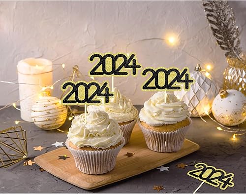 Miniatura 4 de 24 adornos para cupcakes con purpurina 2024, palillos para pasteles de Año Nuevo, decoración para pasteles de Año Nuevo 2024 para Año Nuevo,