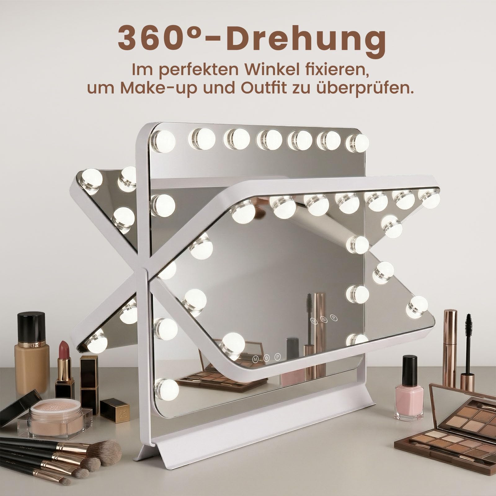 Hollywood Schminkspiegel mit Beleuchtung, 58×54 cm Kosmetikspiegel mit dimmbar 15 LED Licht, 3 Farbmodi, Smart Touch Steuerung Spiegel, 360° Drehbarer Tischspiegel für Schminktisch Schlafzimmer