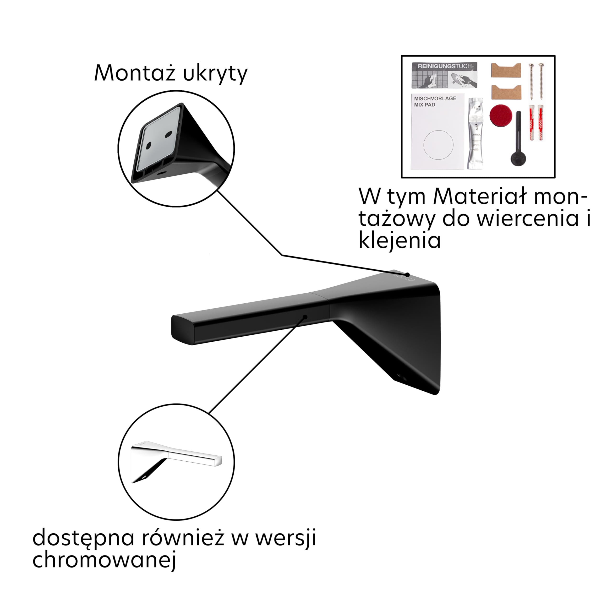 Keuco Rose Uchwyt na rolkę zapasową, bez wiercenia, metal, matowa czerń | Wyprodukowano w Niemczech, z zestawem do klejenia i wkręcania, uchwytem na papier toaletowy do klejenia lub wkręcania