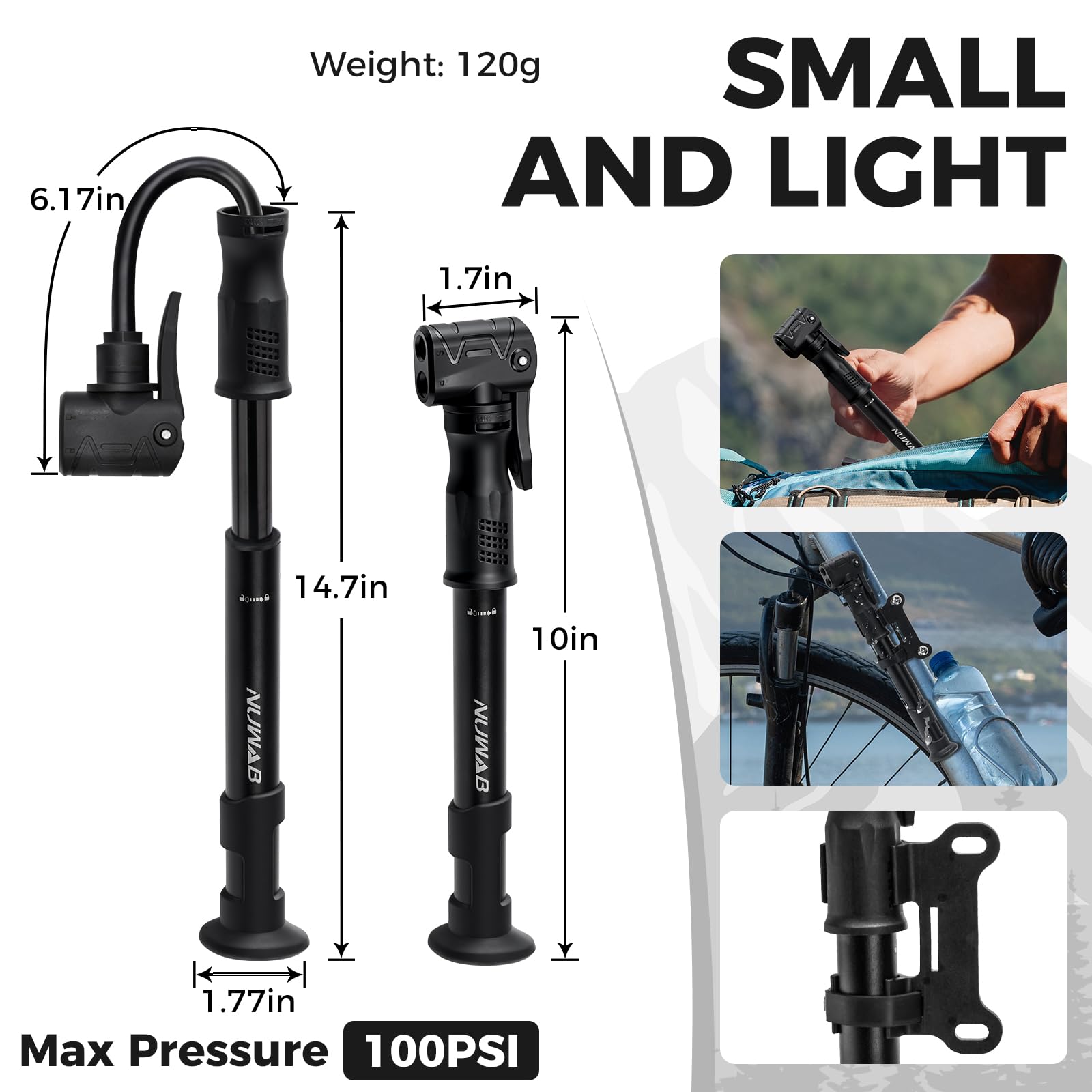 NUWAB Mini Bike Pump, 10 Inch Portable Hand Bicycle Pump, 100PSI, Support Shrader and Presta, Fast Air Out Ball Pump, Work with All Bikes and Balls, Swimming Ring, Come with Ball Needles, Nozzles