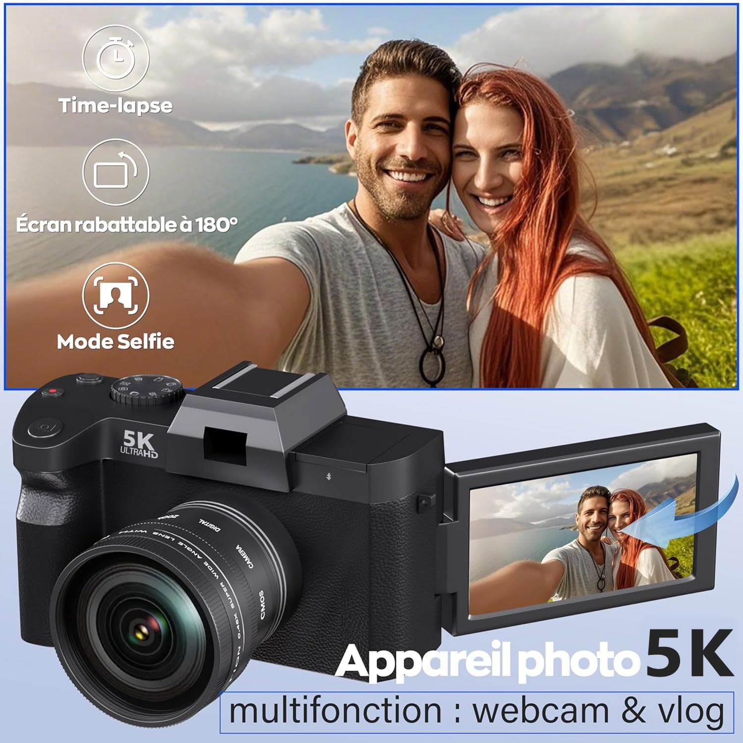 Appareil Photo Numérique 5K Ultra HD-64 MP Grand Angle, Écran orientable 180° 3 Pouces, Zoom numérique16x, Carte SD 32Go et 2 Batteries Li-ION, Léger et Portable pour Voyagexs et étudiants