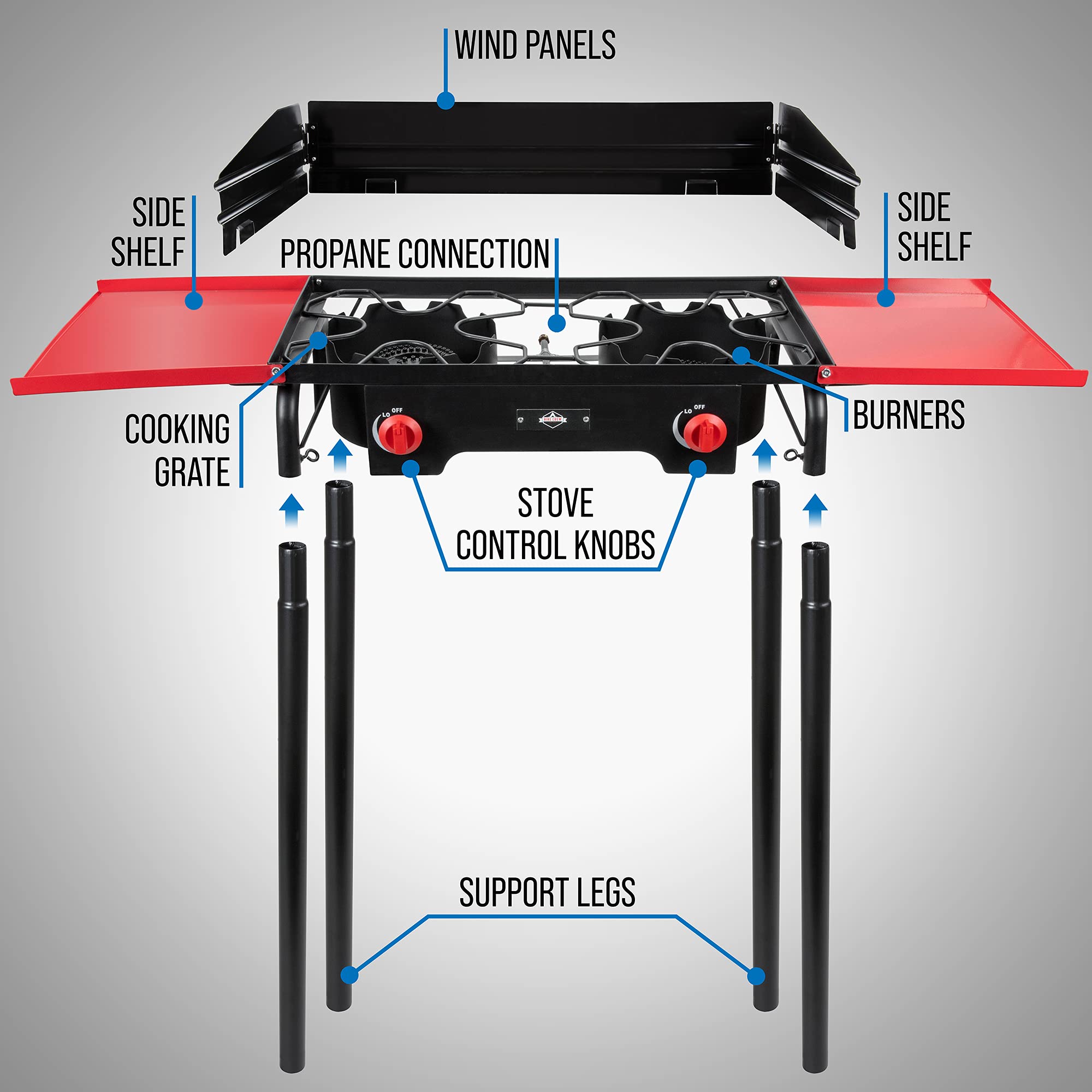 Amazon.com: Hike Crew Cast Iron Double-Burner Outdoor Gas Stove | 150,000  BTU Portable Propane-Powered Cooktop with Removable Legs, Temperature  Control Knobs, Wind Panels, Hose, Regulator u0026 Storage Carry Case : Patio,  Lawn