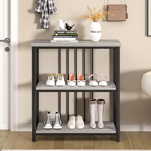 Vista 42 de FOLUBAN Estantería de 3 niveles, estantería industrial y estantes para libros, para dormitorio, madera rústica y metal, para oficina, roble