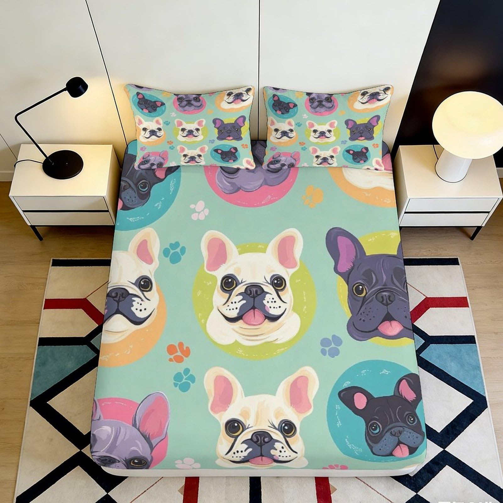 3D Printed French Bulldog Cartoon Fitted Sheet Microfiber Soft Anti-Slip Mattress Cover for Bedroom Dorm Decor, Washable 140x200x25cm