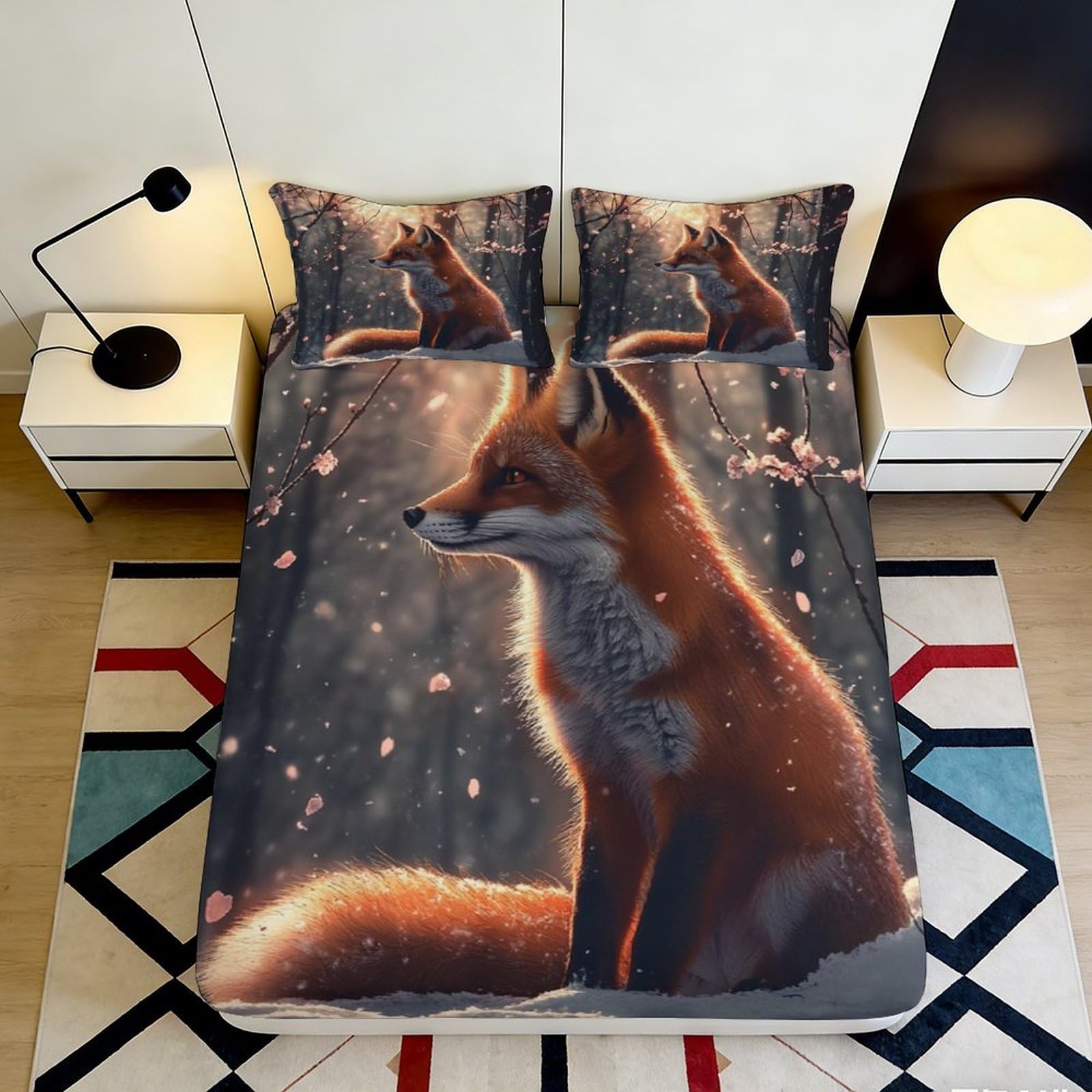 3D Printed Fox Forest Fitted Sheet Microfiber Soft Breathable Autumn Woodland Bed Cover for Bedroom Dorm Decor 90x200x25cm
