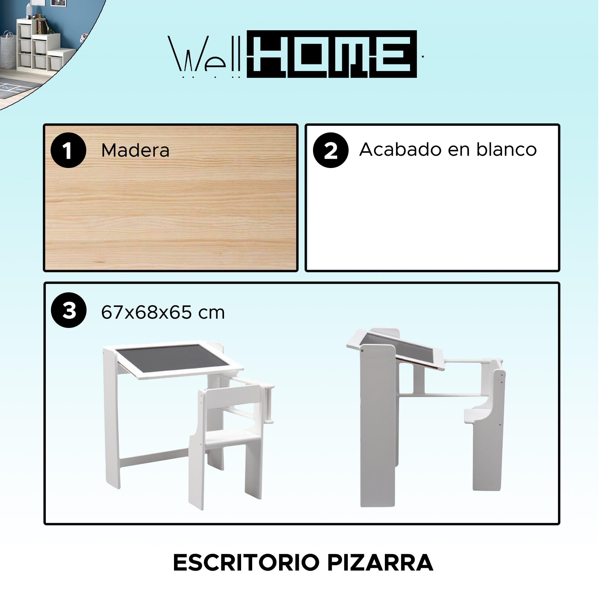 WELL HOME MOBILIARIO & DECORACIÓN Pupitre Pizarra Plegable Color Blanco, 67x68x65