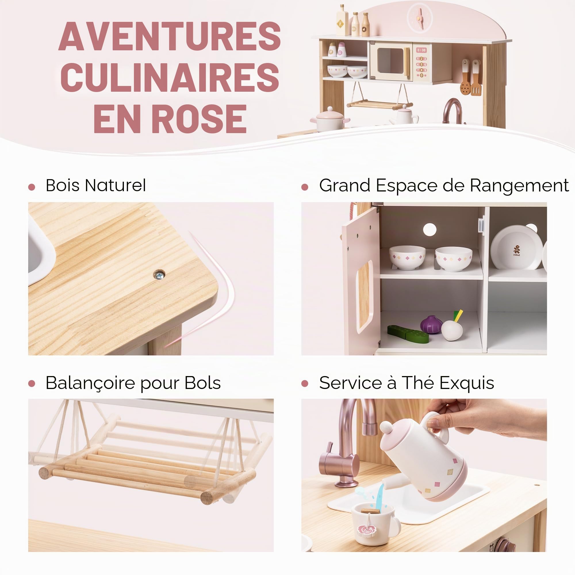 ROBUD Cuisine de Jeu pour Enfants et Tout-Petits, Cuisine de Jeu en Bois avec Accessoires réalistes, Ensemble de Cuisine Jouet avec Beaucoup de fonctionnalités de Jeu, Cuisine Jouet de Style Moderne