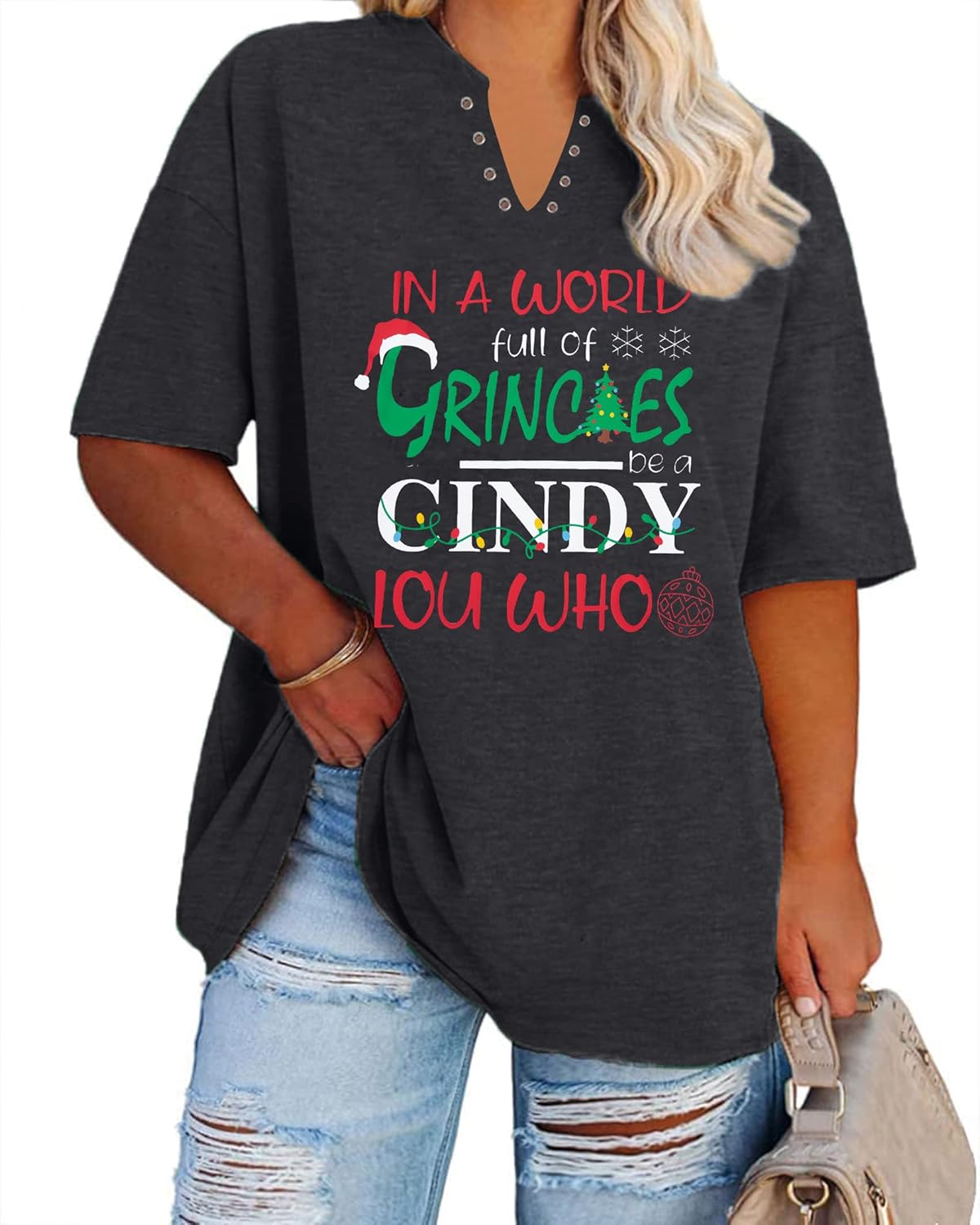 MNLYBABY Plus Size Christmas Shirt Women Merry Christmas Bleached T-Shirt Xmas Holiday Short Sleeve T-Shirt - Image 2