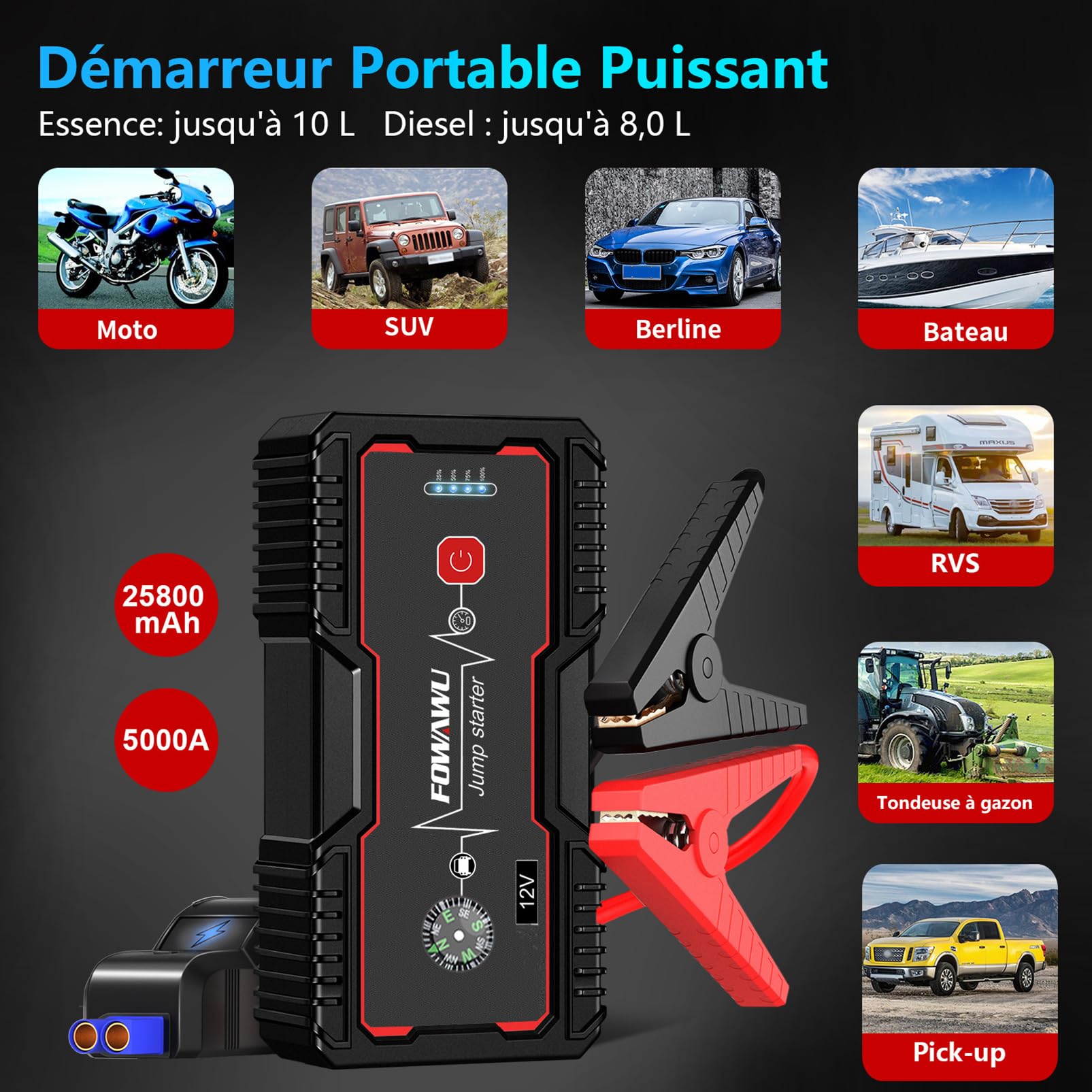 Booster Batterie Voiture 4000A Portable - 22800mAh Démarreur De Secours - écran LCD - Pince Intelligente - QC3.0 - LED