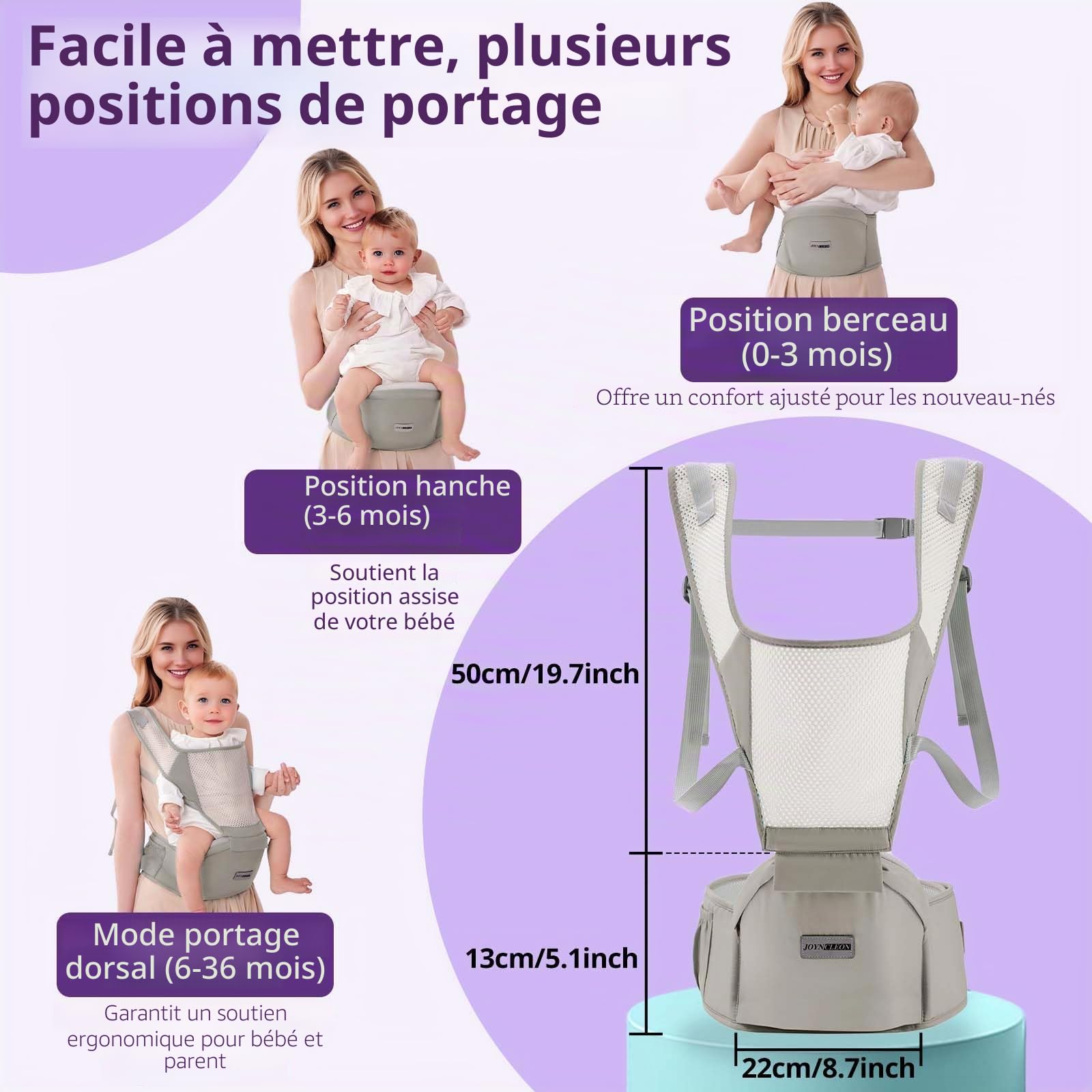 Porte-bébé Ergonomique avec Sangle Réglable - 6 en 1 Nouveau-né à Enfant en Bas âge, Porte-bébé Respirant en Mesh pour l'Été, Compact pour les Voyages & Aventures en Plein Air (gris)