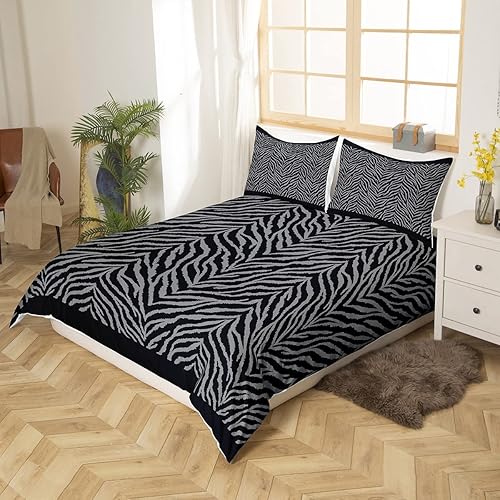 Miniatura 10 de Juego de funda de edredón con estampado de leopardo, tamaño Queen, color negro y gris, juego de ropa de cama de piel de guepardo africano, funda de