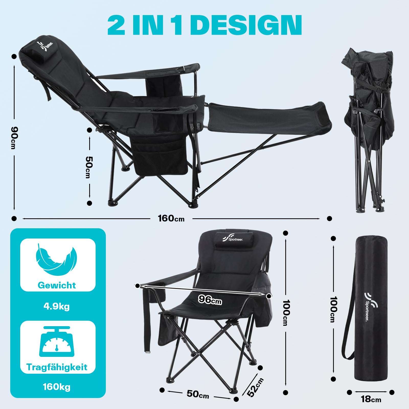 Sedia da campeggio pieghevole e sedia a sdraio pieghevole 2 in 1, sedia da spiaggia con schienale regolabile in 4 posizioni, sedia da campeggio con poggiapiedi con borsa termica per campeggio