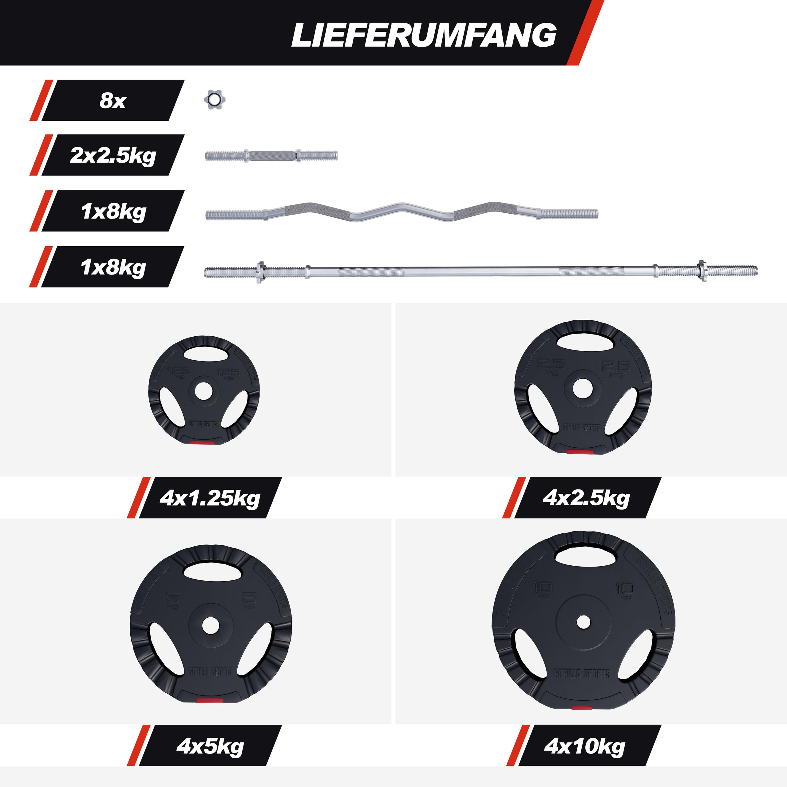 GORILLA SPORTS® Hantelbank mit 100 kg Hantelset und Latzug , Ablage | Mit verstellbarer, Dip-Station, Butterfly, Curlpult und Beincurler, bis 280 kg; Multifunktionsbank und Kraftstation