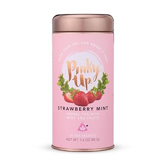 Pinky Up Strawberry Mint Herbal Tea, Cooling Mint and Fruit Herbal Tea, Naturally Caffeine-Free, Compostable Pyramid Sachets, Refreshing and Fruity, 1.6 oz, 15 Sachets
