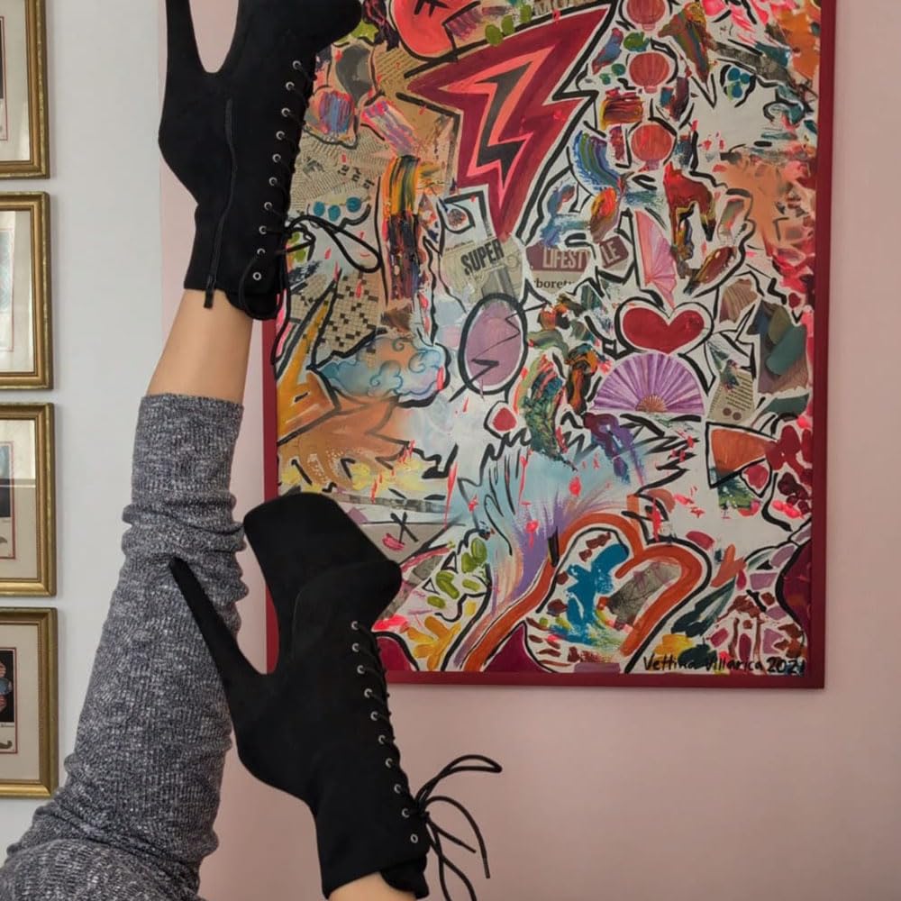 denova's Damskie buty na wysokim obcasie sznurowane duży rozmiar platforma striptizerka taniec na rurze buty do połowy łydki z zamkiem błyskawicznym, Czarny zamsz, 40 EU