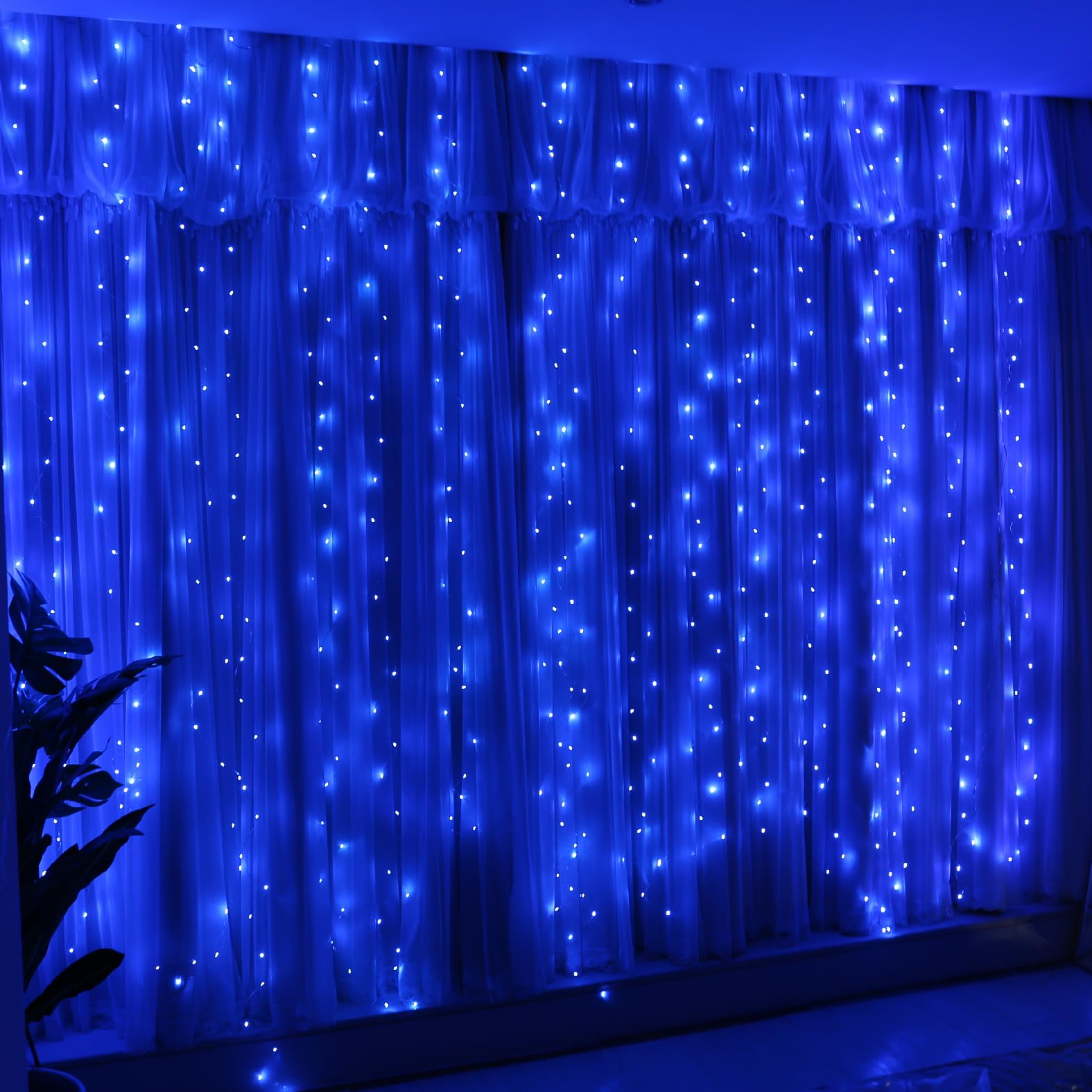 HXWEIYE 300LED Fairy Curtain Lights, 9.8x9.8Ft USB Plug-in 8 Modes Christmas String Hanging Lights with Remote for Bedroom Backdrop Wedding Party Indoor Wall Decor, Blue, Standard