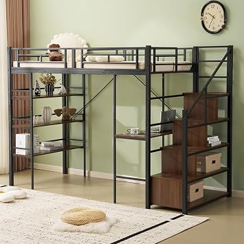 Loft Bed, with Stairs, Desk, Storage Shelf, Single, Bed Frame, Loft, Storage Rack, Pipe for Adults and Children, Steel, Earthquakeproof, Left and Right Interchangeable, Height 66.9 inches