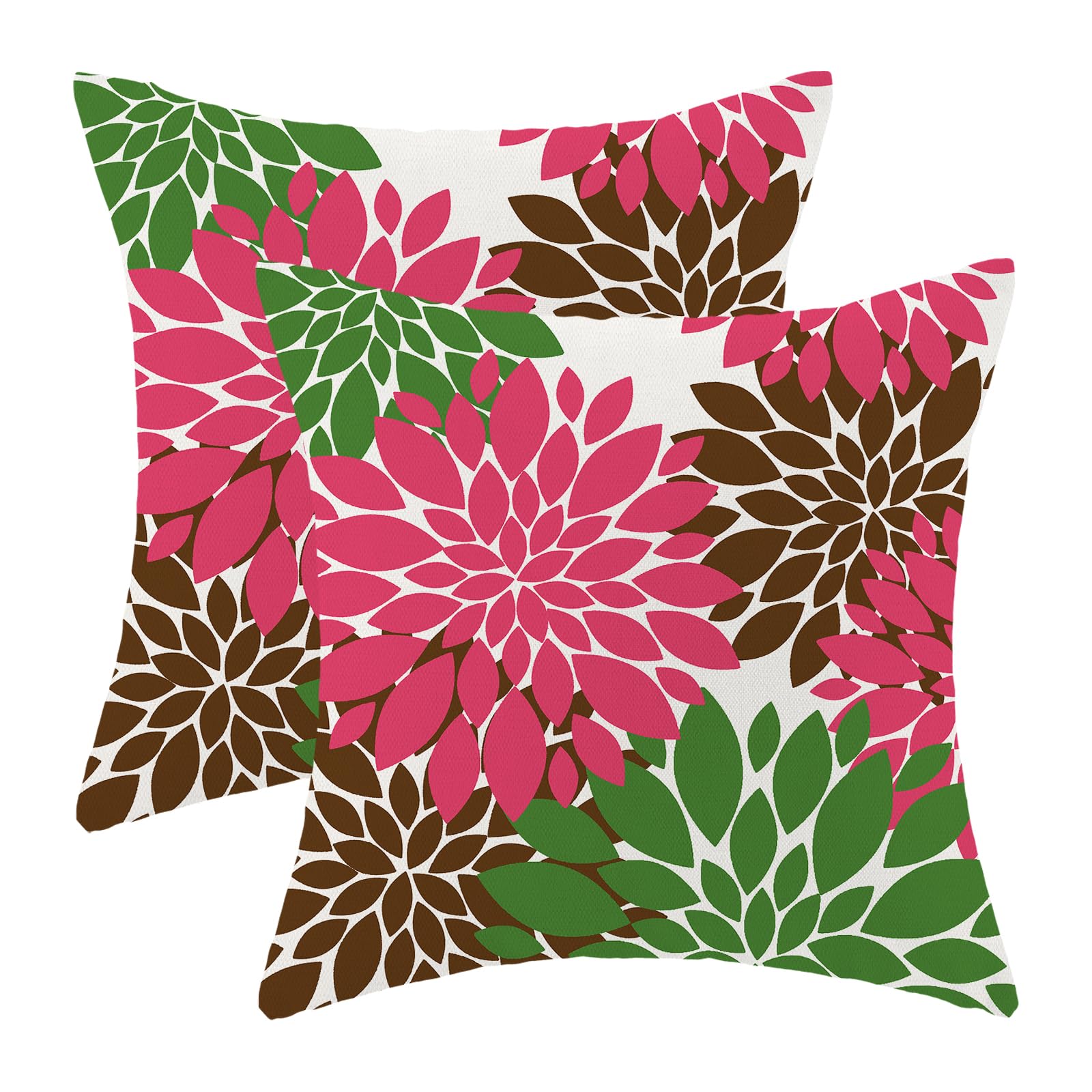 CXMEIFLY Hot Pink Summer Outdoor Pillow Covers 18x18 Inch Set of 2 Green Brown Dahlia Floral Decor Throw Pillows Modern Geometry Flower Decorative Cushion Cases for Sofa Couch Bed Decorations — image 1