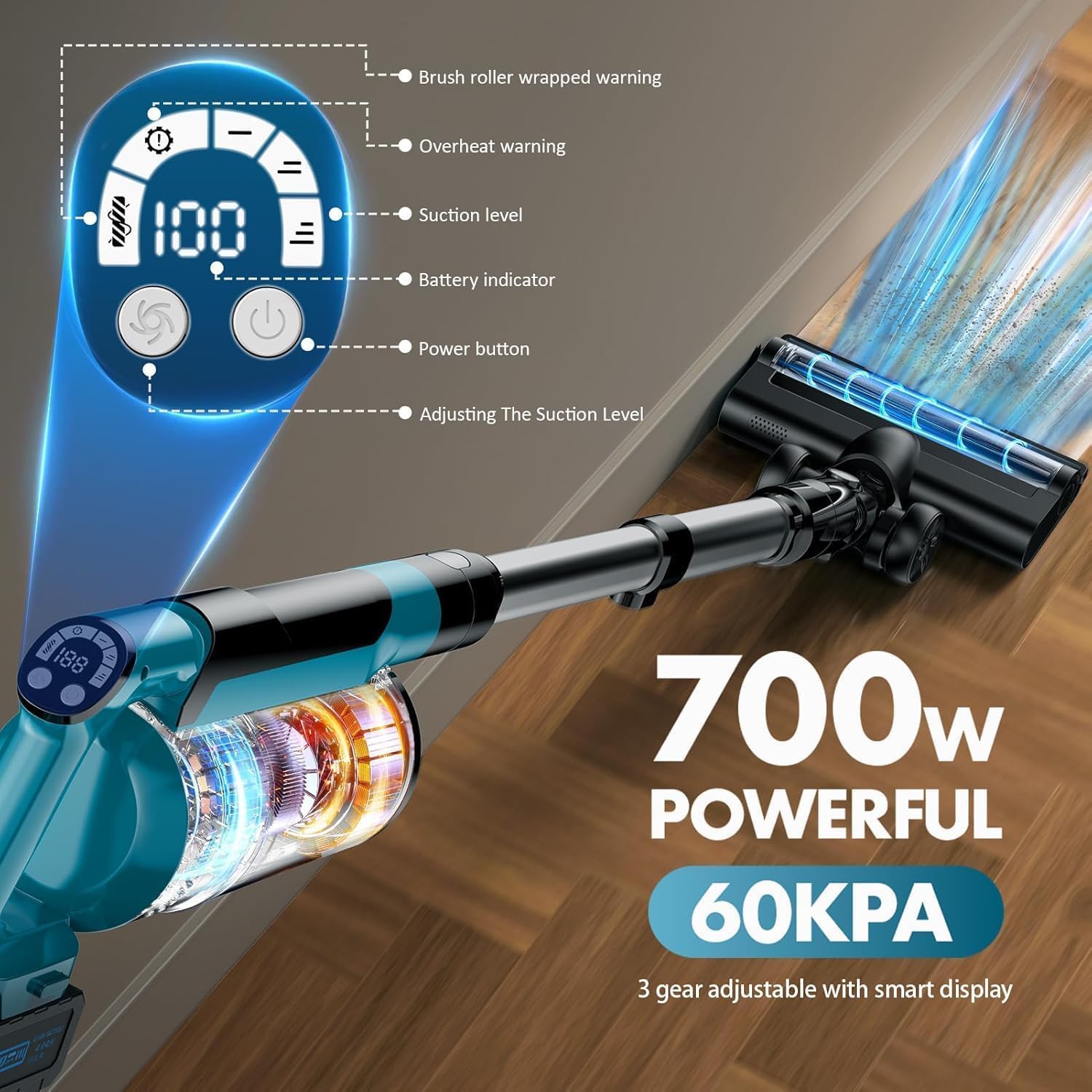 700W Cordless Vacuum Cleaners for Home with 2*Battery 8000mAh,Brushless Rechargeable Stick Vacuum with 3 Mode, 6 in 1 Portable Handheld Cordless Vacuum for Pet Hair/Hardwood Floor/Dorm (Blue)