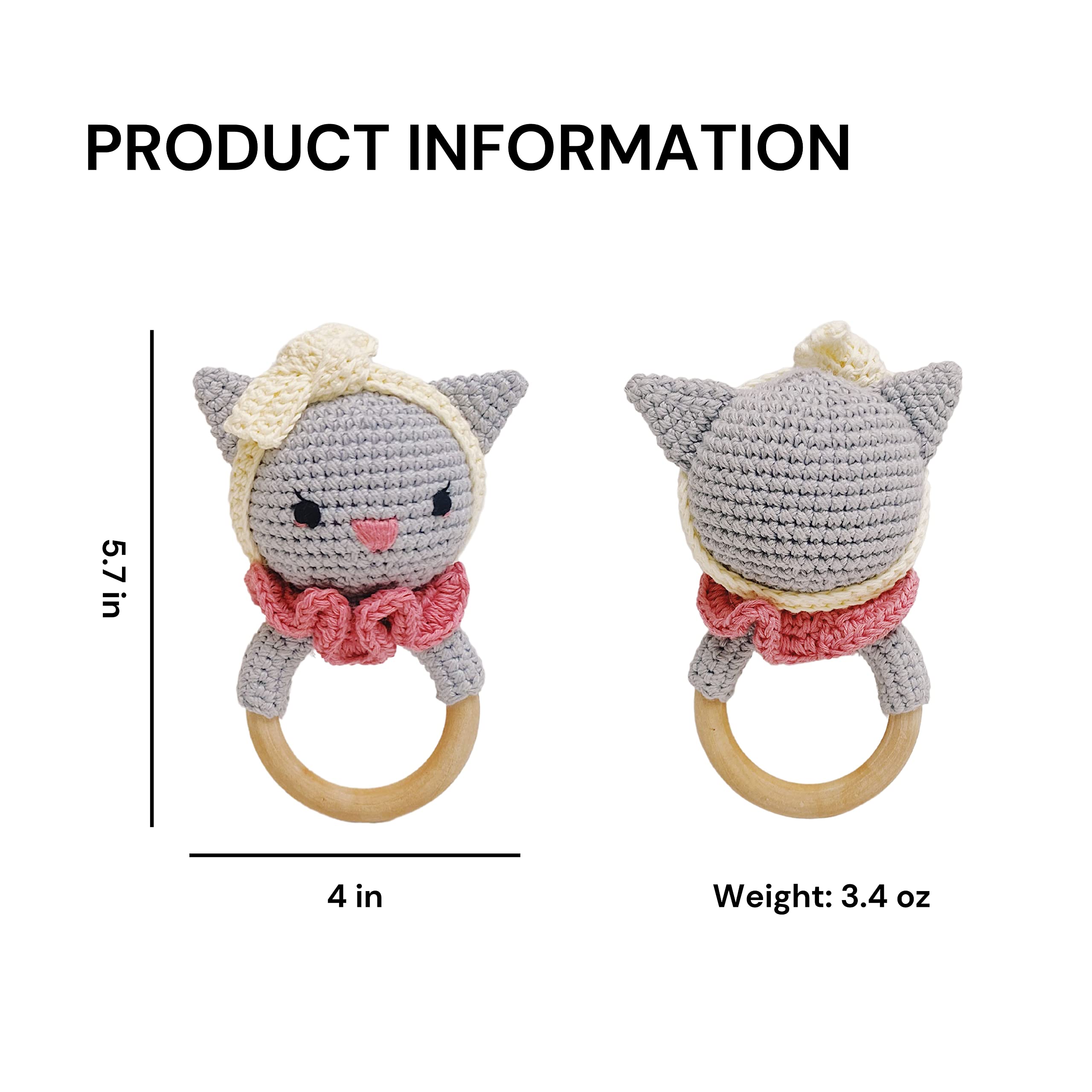 Bunny - Tuban Cat Rattle, Eye-catching Colored Toy for Toddlers, Handmade Woolen Toys with Non-Irritant, No Odour, Baby Wooden Teethers