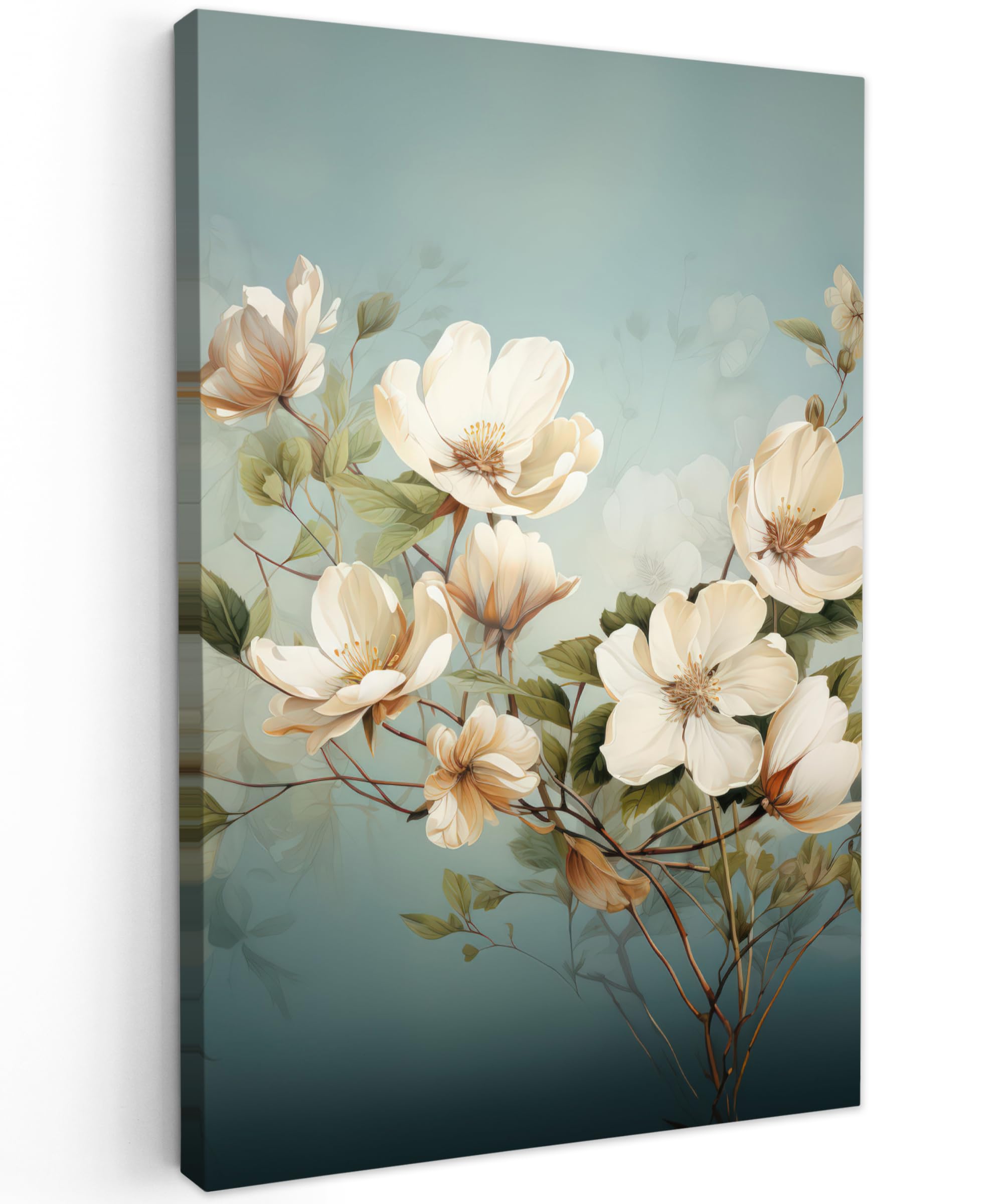 MuchoWow© Bilder 60x90 cm Wohnzimmer Deko Modern Wandbild Foto auf Leinwand Bild Schlafzimmer Room Decor Geschenke Vintage - Blumen - Weiß - Zweige - Natur
