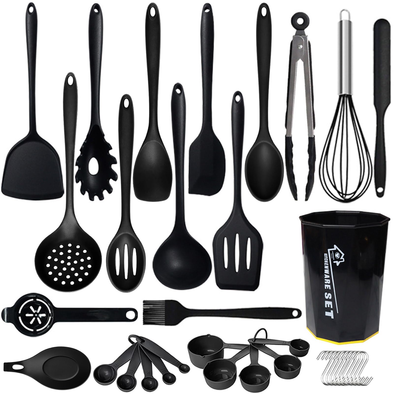 UXIYI Silicone Kitchen Utensils Set, 36PCS Heat Resistant Cooking Utensil with Holder, Kitchen Gadgets and Tools for Nonstick Cookware,36pcs Black