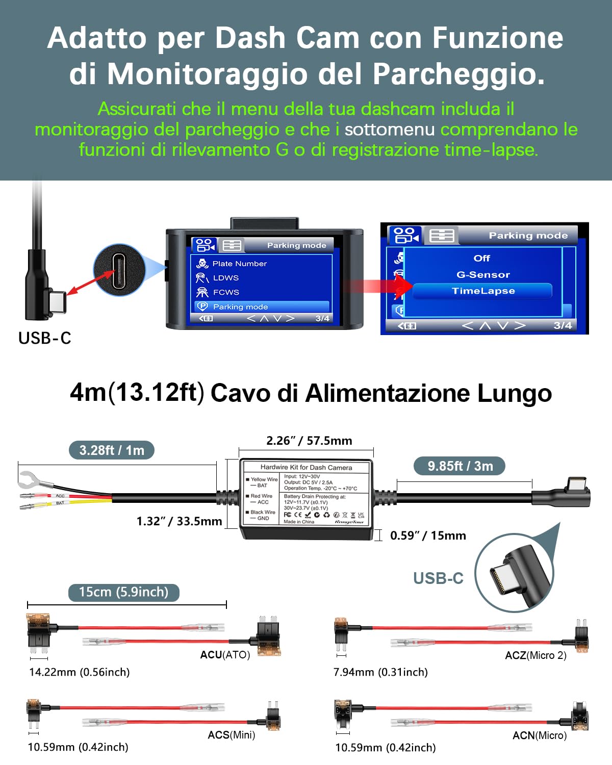 Kit Cablaggio USB-C, Dash Cam Hardwire Kit con 4 Tipi/8 Fusibili Adattatori, Cavo Tap e Strumento di Installazione 4m/13.12ft 12V/24V a 5V/2.5A Auto Cavo di Ricarica Kit