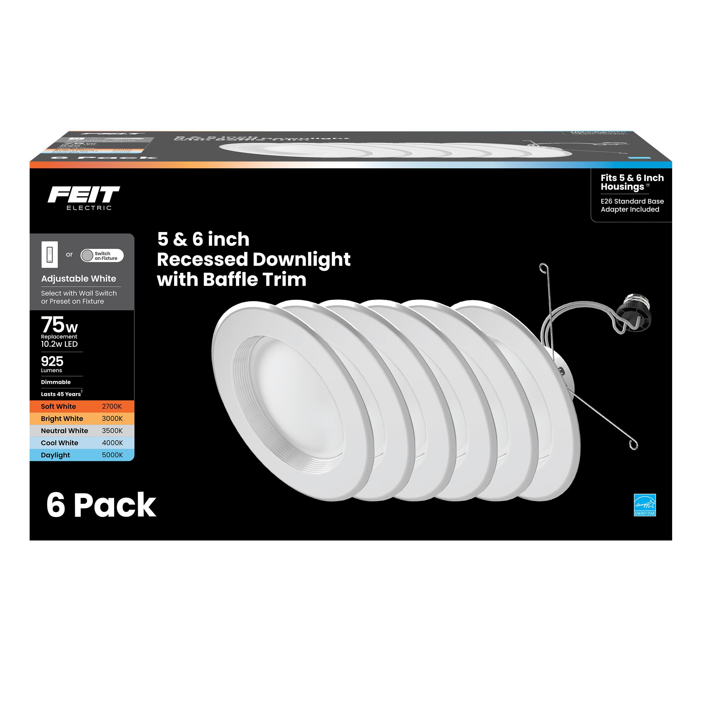 Feit Electric LED Downlight Retrofit Kit with Baffle Trim, 75W Equivalent, 5/6-Inch Dimmable Recessed Can Light, Adjustable White 2700K-5000K, 90+ CRI, 50,000-Hour Lifetime, LEDR56B/6WYCA/MP/6