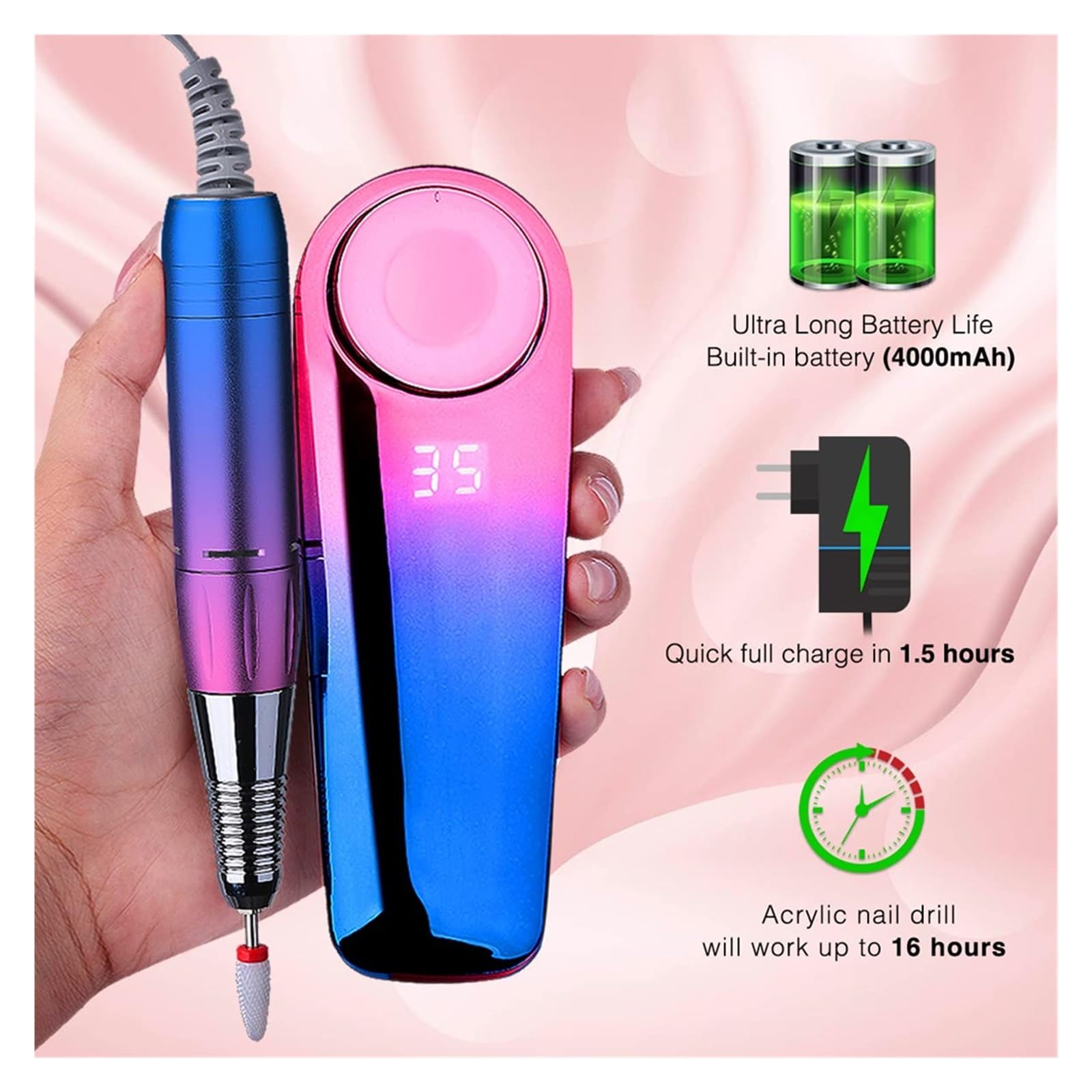 Lima Unghie Elettrico, Trapano for unghie professionale ricaricabile 35000 RPM, lima for elettrica for acrilico, gel, strumenti for la lucidatura di pedicure for manicure