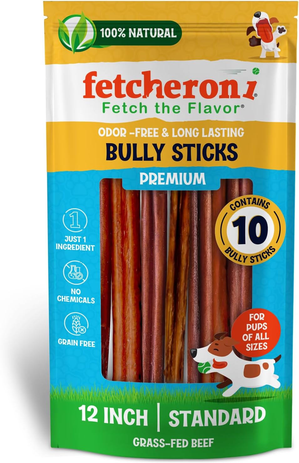 Large Bully Sticks for Dogs - 100% Beef Tasty Natural Flavor - Fully Digestible Dog Chews - Long-Lasting chewing sticks - Bully Sticks Odor Free for Medium and Large Dogs (12 Inch, 10 Pack)